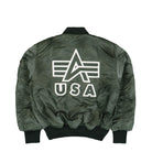 Alpha Industries MA-1 Distressed Bomber Jacket Vintage Green Bomber Jacket 258128-432 Close-up | Overkill
