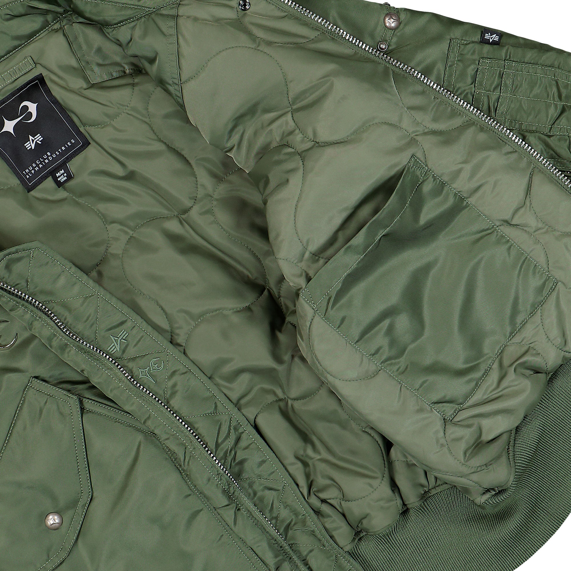 Thug Club x Alpha Industries CWU-45P Rivet Edition Sage Green Bomber & Varsity Jackets 258150-01 Detail View 3 | Overkill

