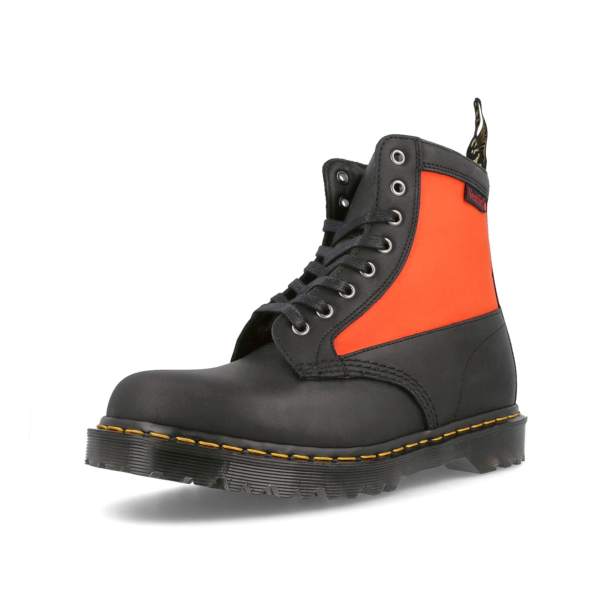 Dr. Martens 1460 Black / Blaze Orange Dockyard / Ventile Boots  Close Up | Overkill