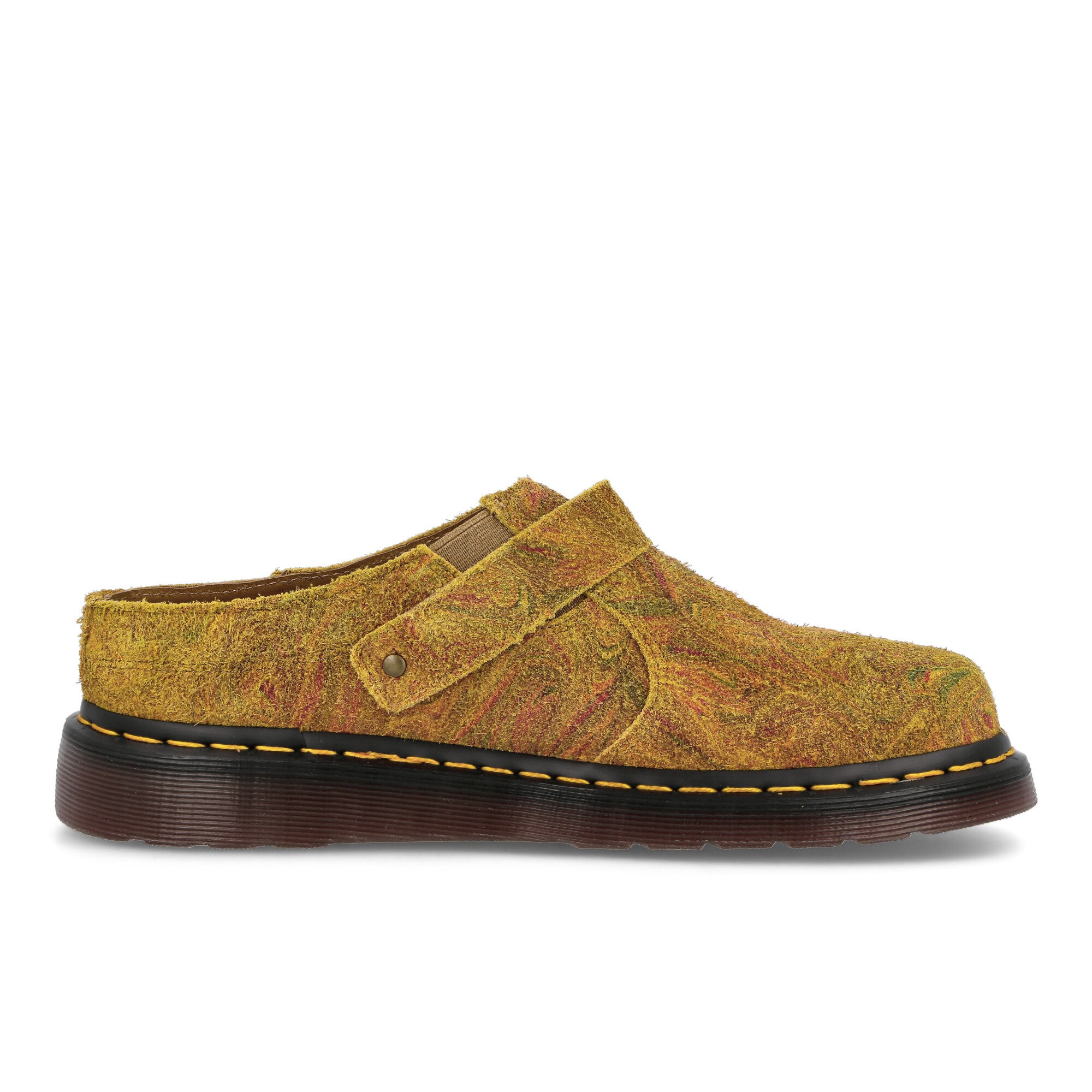 Dr. Martens Isham Marbled Slingback Mules Brown-Mustard Marbled Hairy Suede Slides, Sandals & Slippers  Silhouette | Overkill