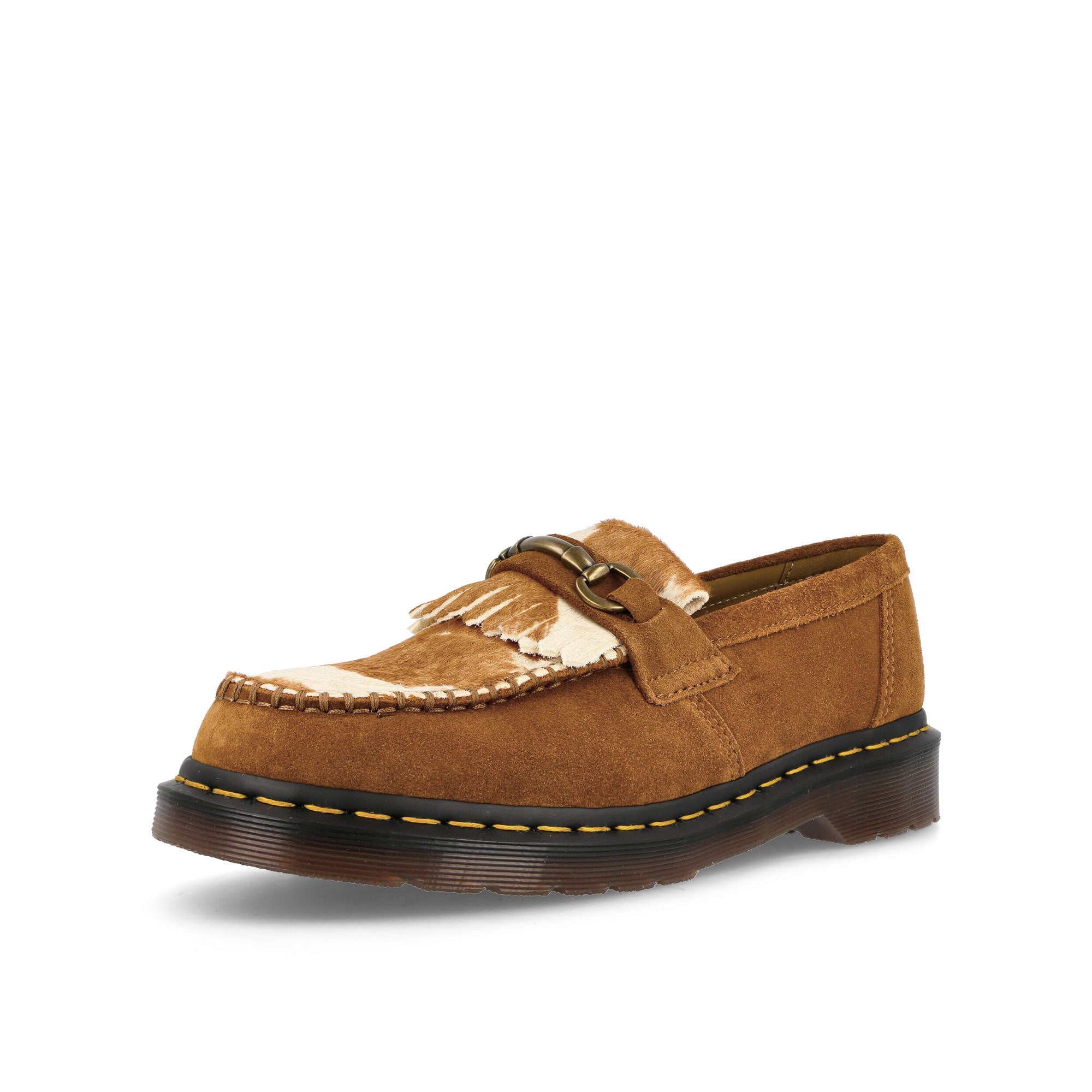 Dr. Martens Adrian Snaffle Pecan Brown + Jersey Cow Print Repello Calf Suede + Hair On Loafers & Lace ups  Close Up | Overkill