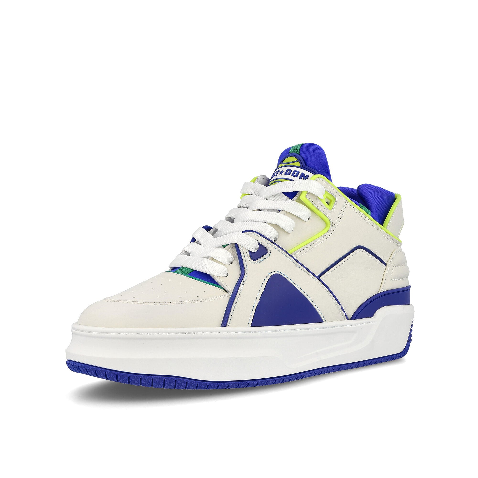 Just Don tennis courtside mid White-Blue-Neon Sneakers  Close Up | Overkill
