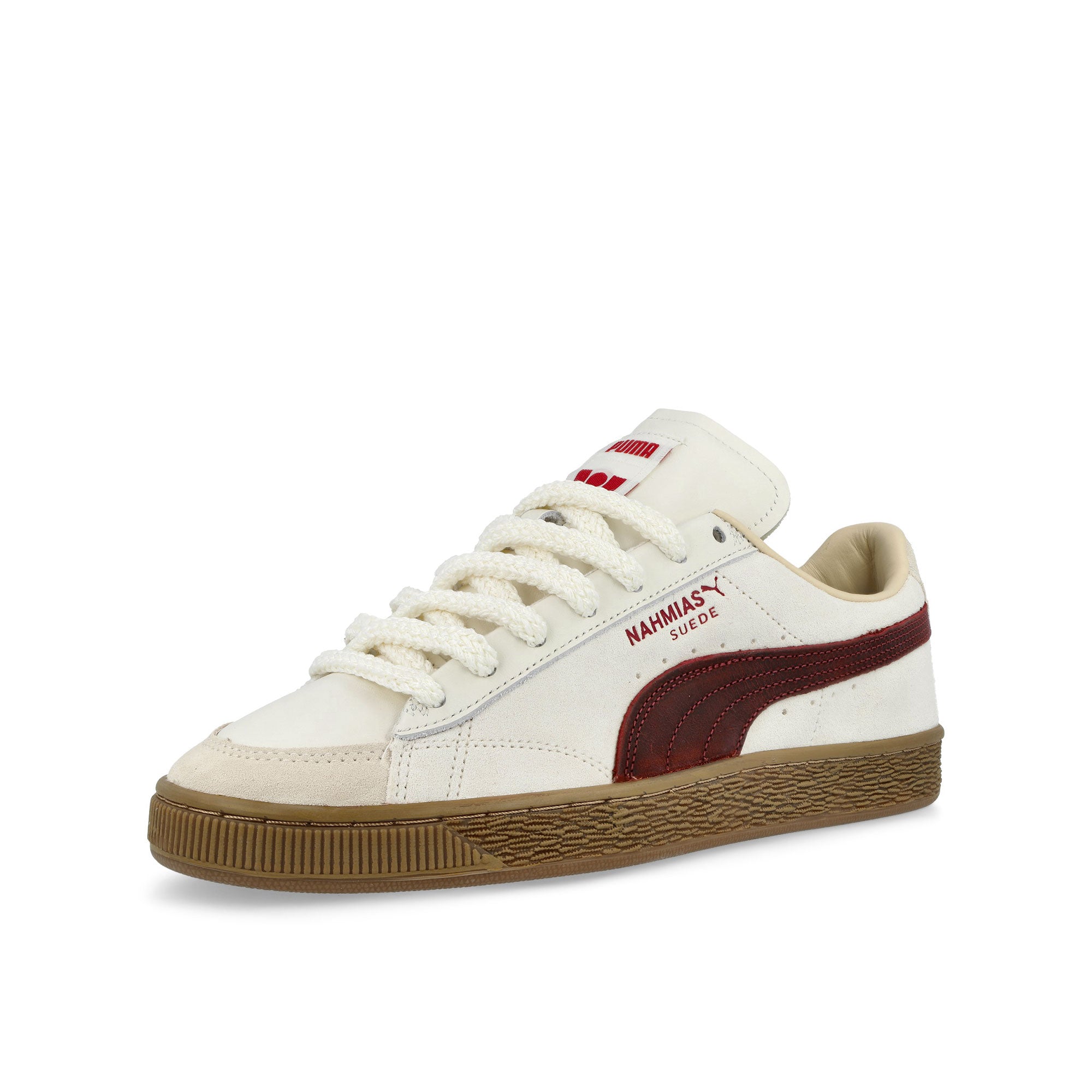 Nahmias x Puma Suede Vintage Red  Warm White - Archive Gold - For All Time Red Low Top Sneakers 407025 01 Close-up | Overkill
