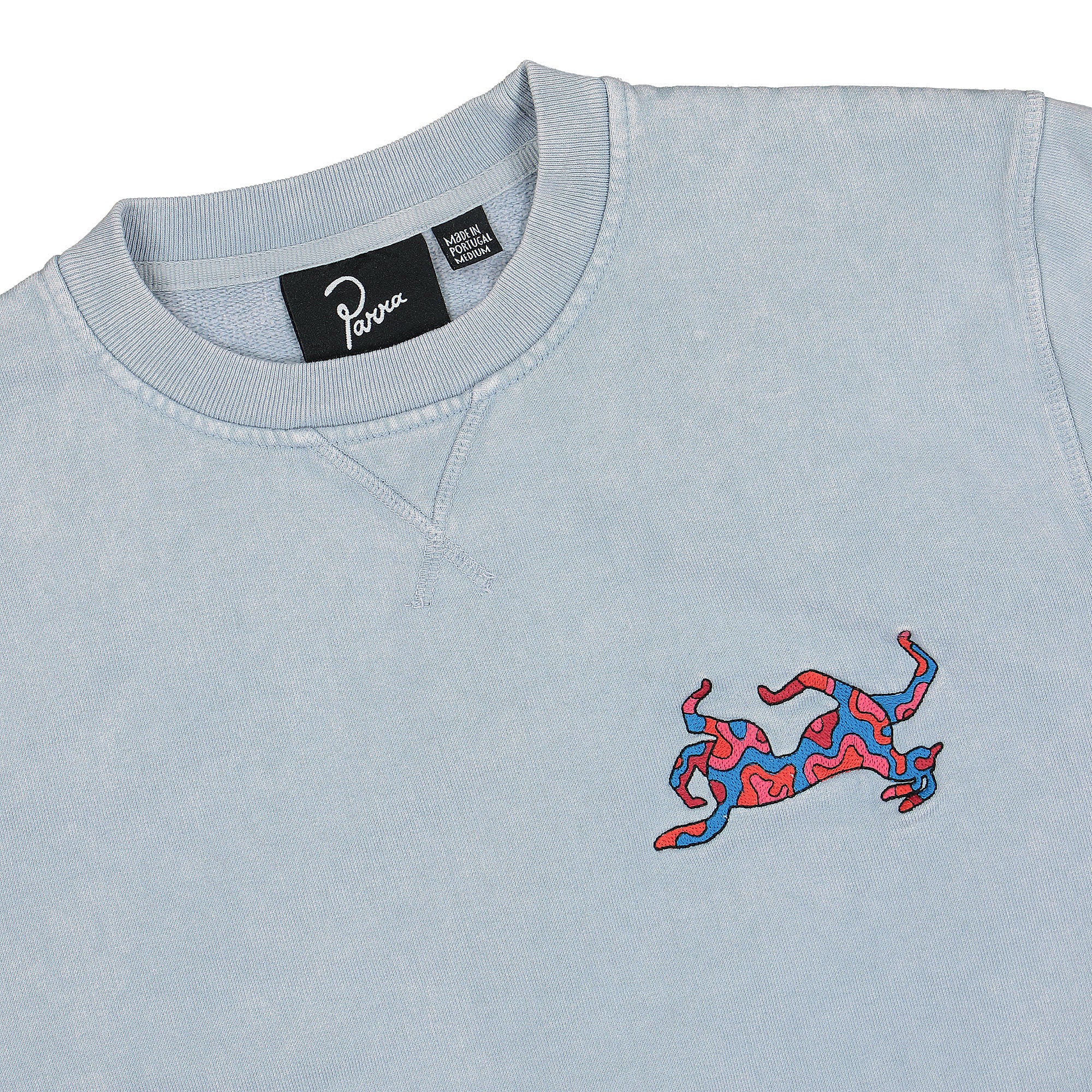 Parra Upside Dog Race Crew Neck Sweatshirt Dusty Blue Sweatshirts Close-up | Overkill
