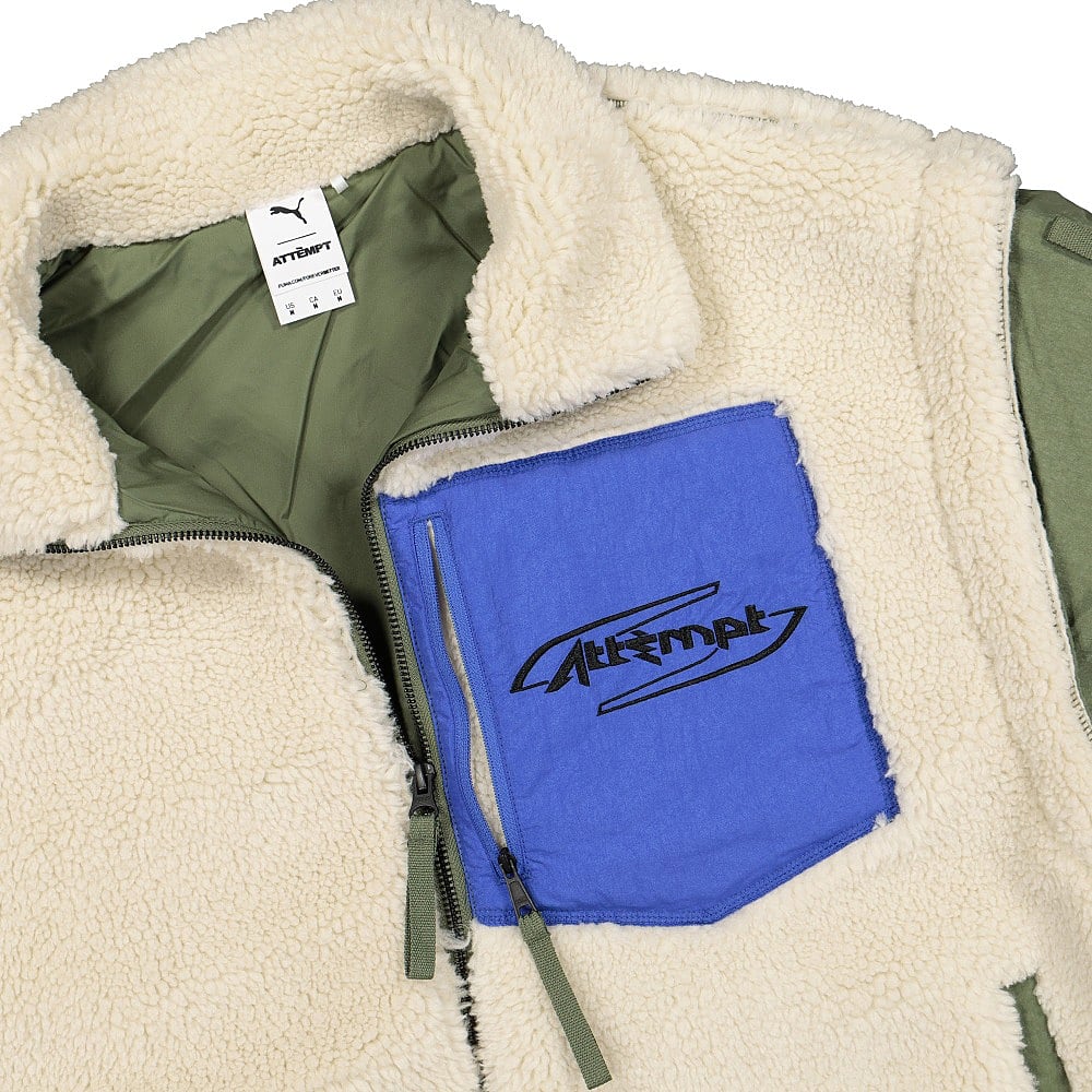Puma Attempt x Puma Sherpa Bomber Olive Fleece Jackets Close-up | Overkill