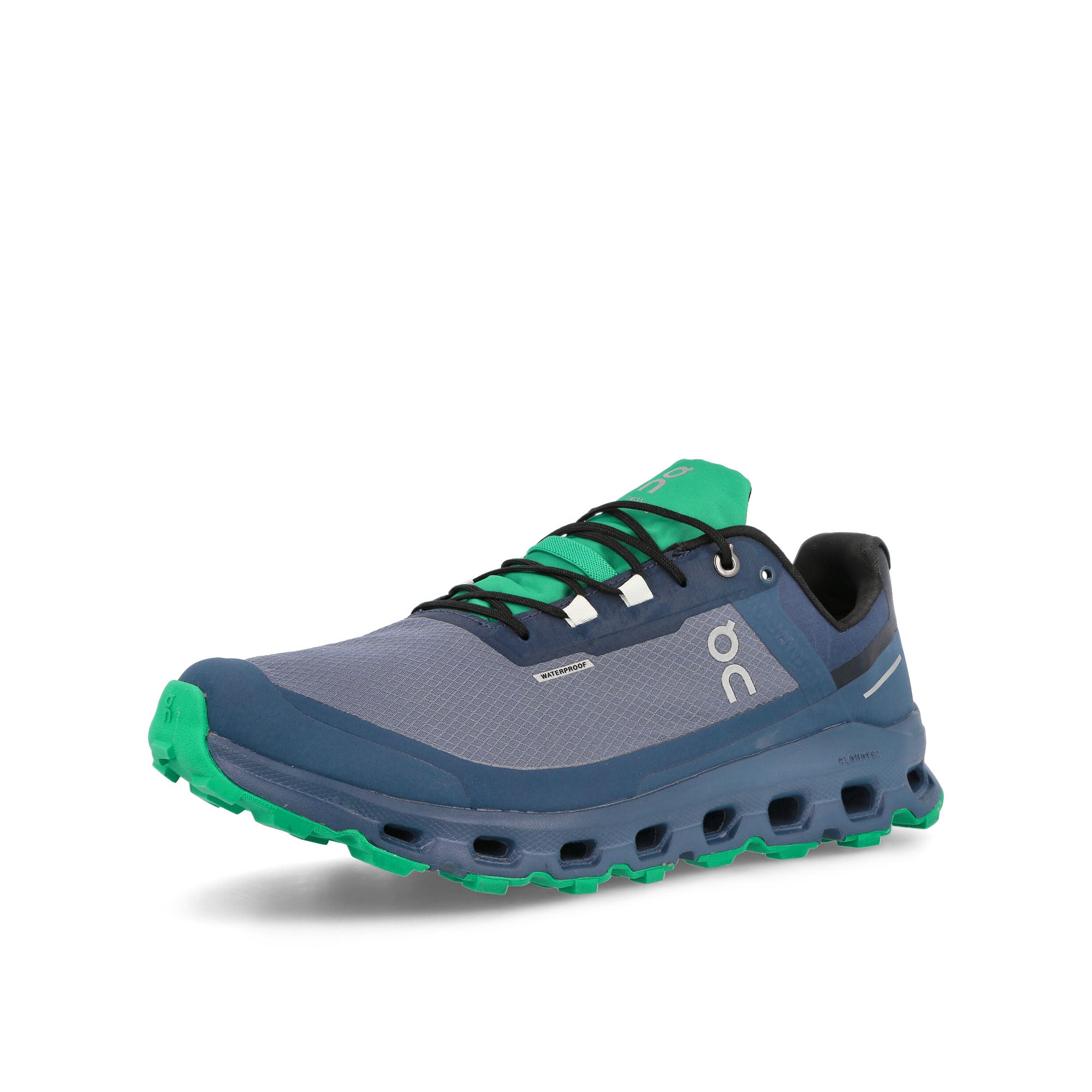On Cloudvista Waterproof Metal / Denim Low Top Sneakers  Close Up | Overkill