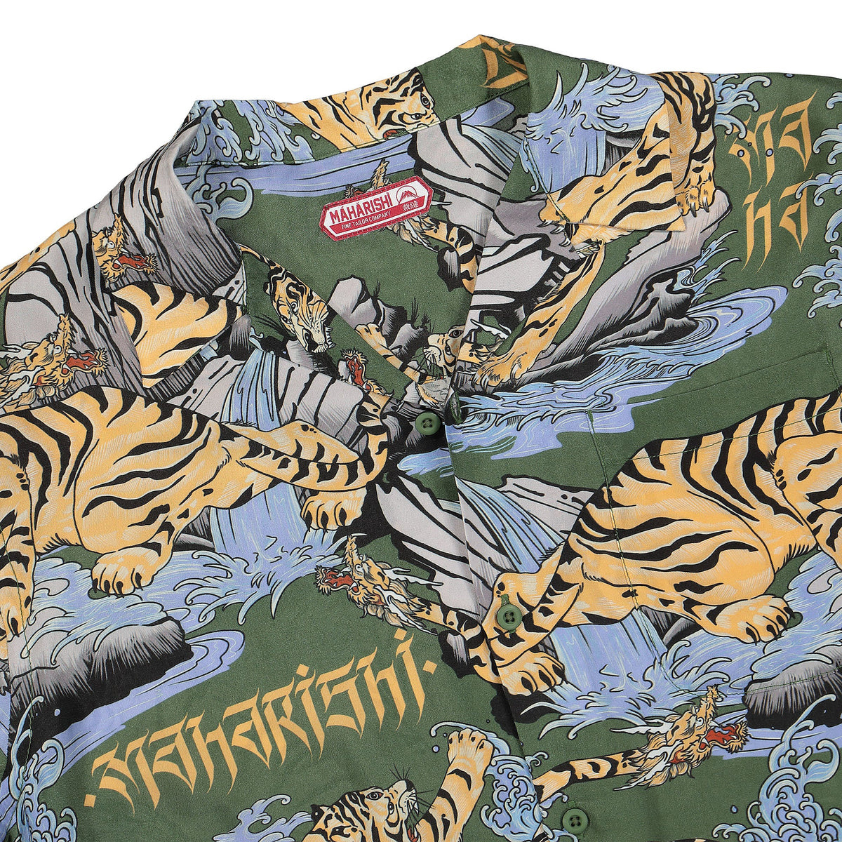 Maharishi Water Tiger Camp Collar Shirt Olive Shirts Close-up | Overkill