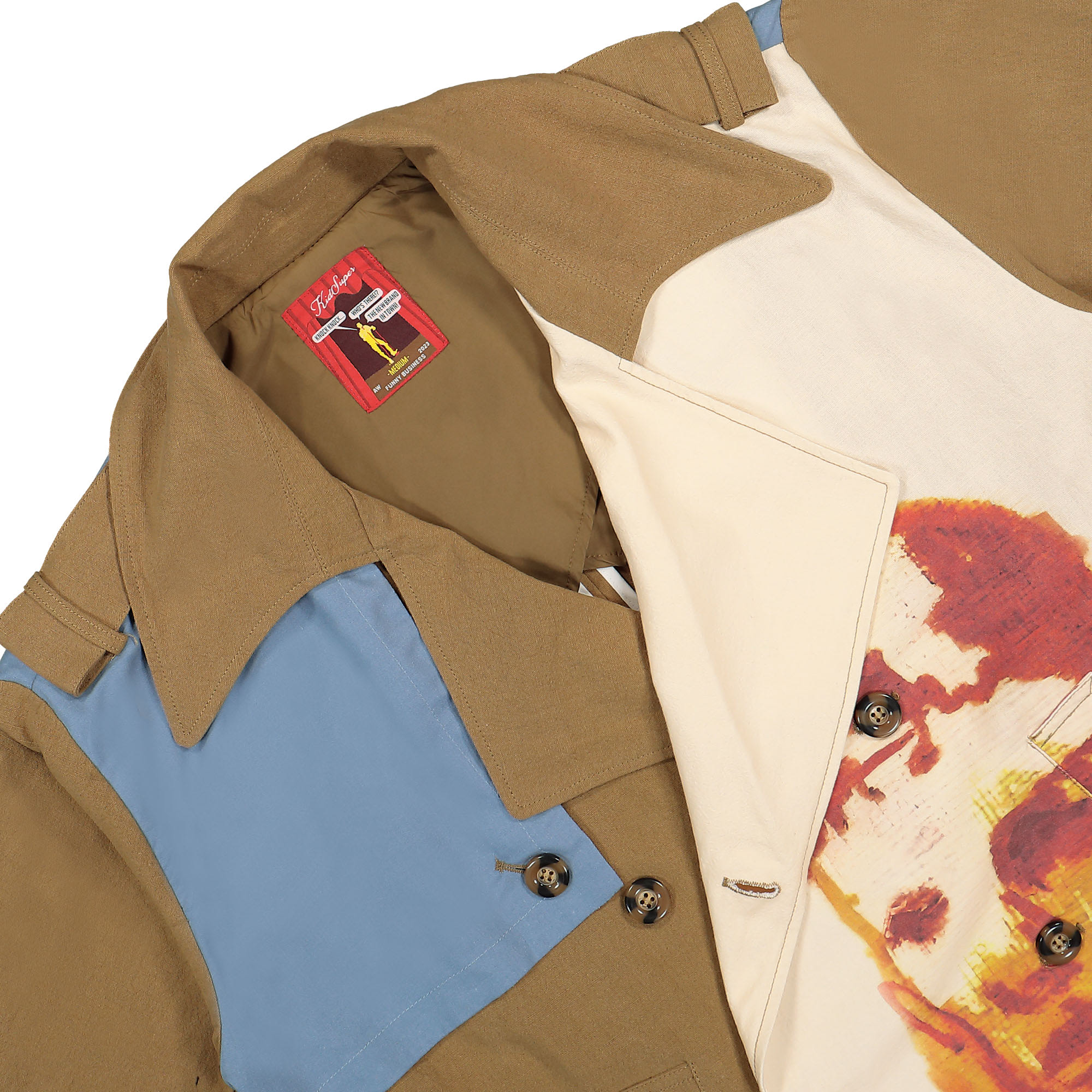 Kidsuper Studios Painted Trench Coat Brown / Multi Coats Close-up | Overkill