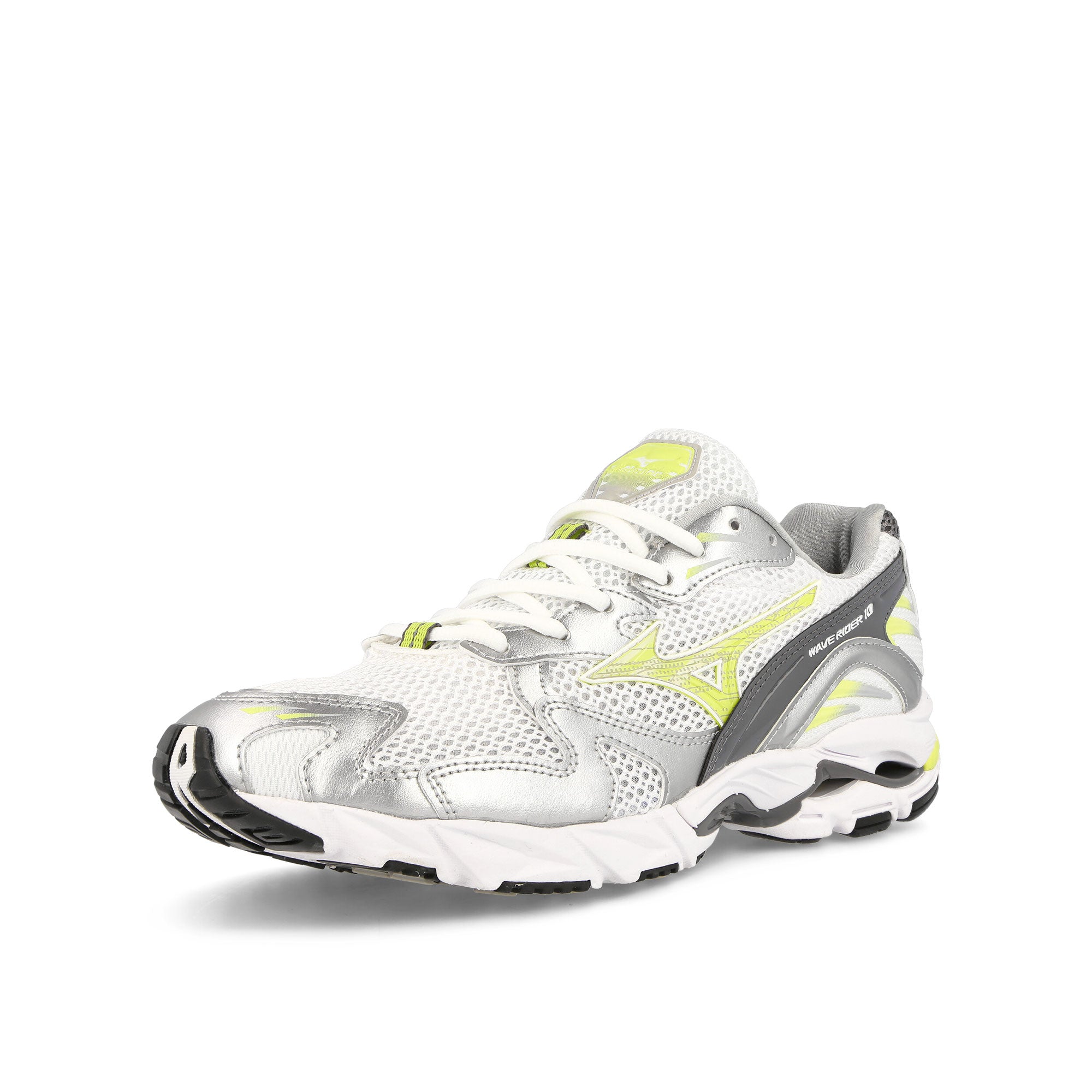 Mizuno Wave Rider 10 White / Sunny Lime / Silver Low Top Sneakers  Close Up | Overkill