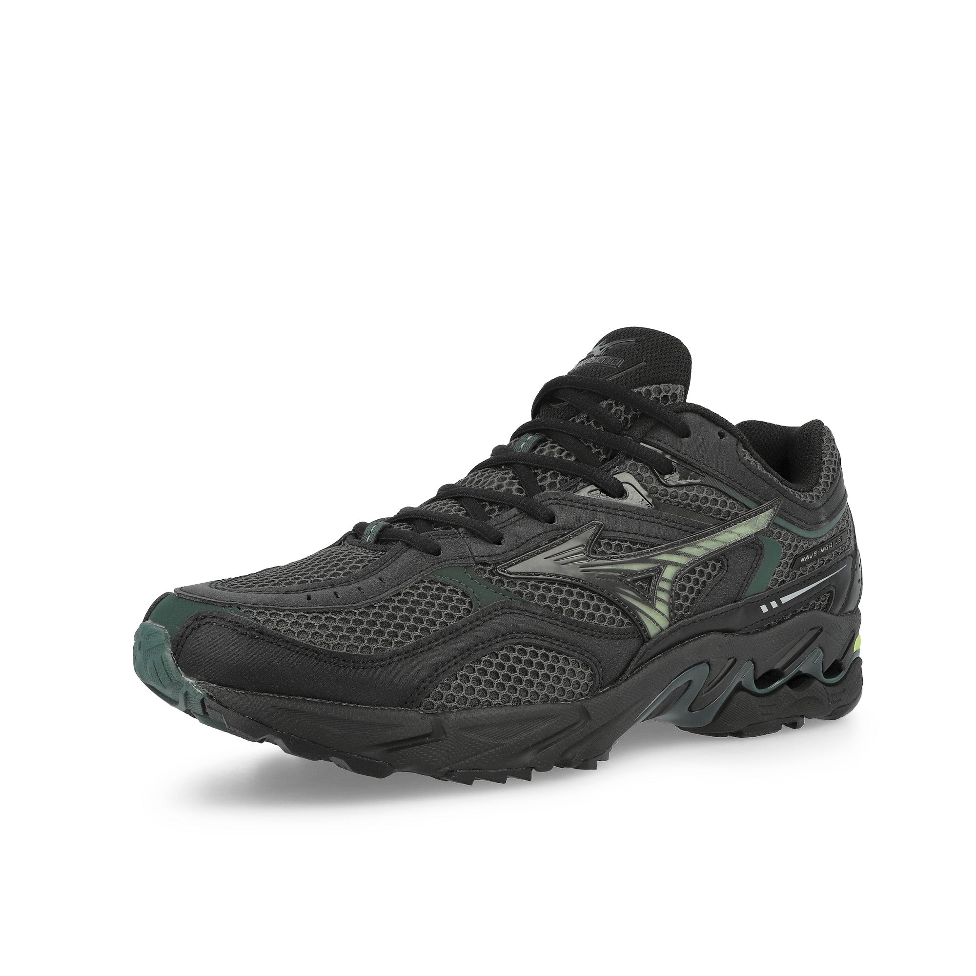 Mizuno Wave MG4 LS Dark Grey / Green Sneaker D1GA260B01 Close-up | Overkill
