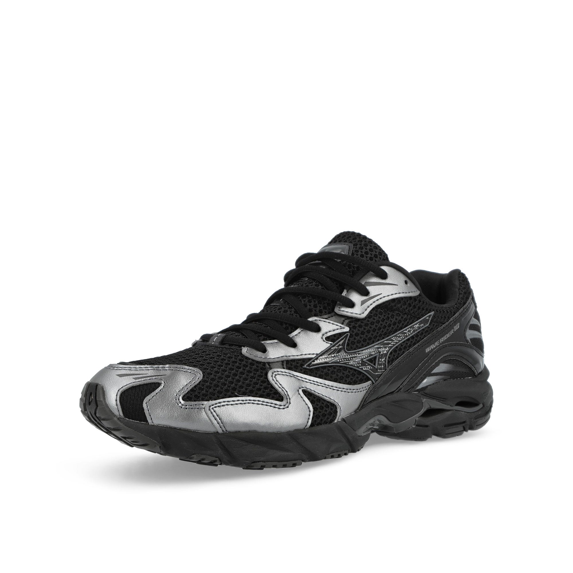 Mizuno Wave Rider 10 Black / Black Sand / Metallic Gray Low Top Sneakers D1GA261601 Close-up | Overkill
