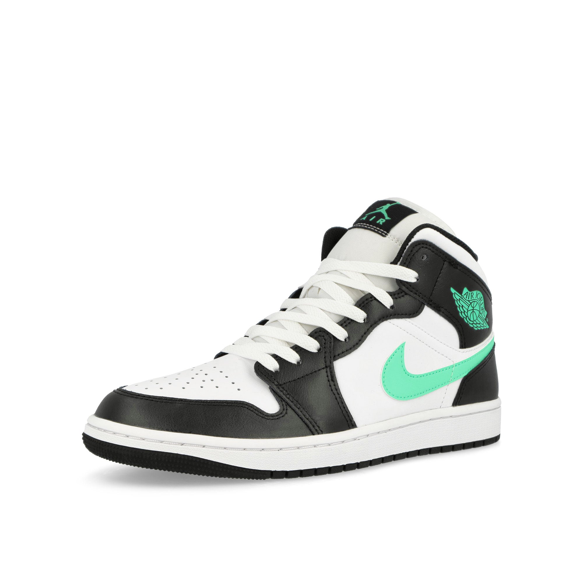 Jordan Air Jordan 1 Mid White / Green Glow - Black Mid Top Sneakers  Close Up | Overkill