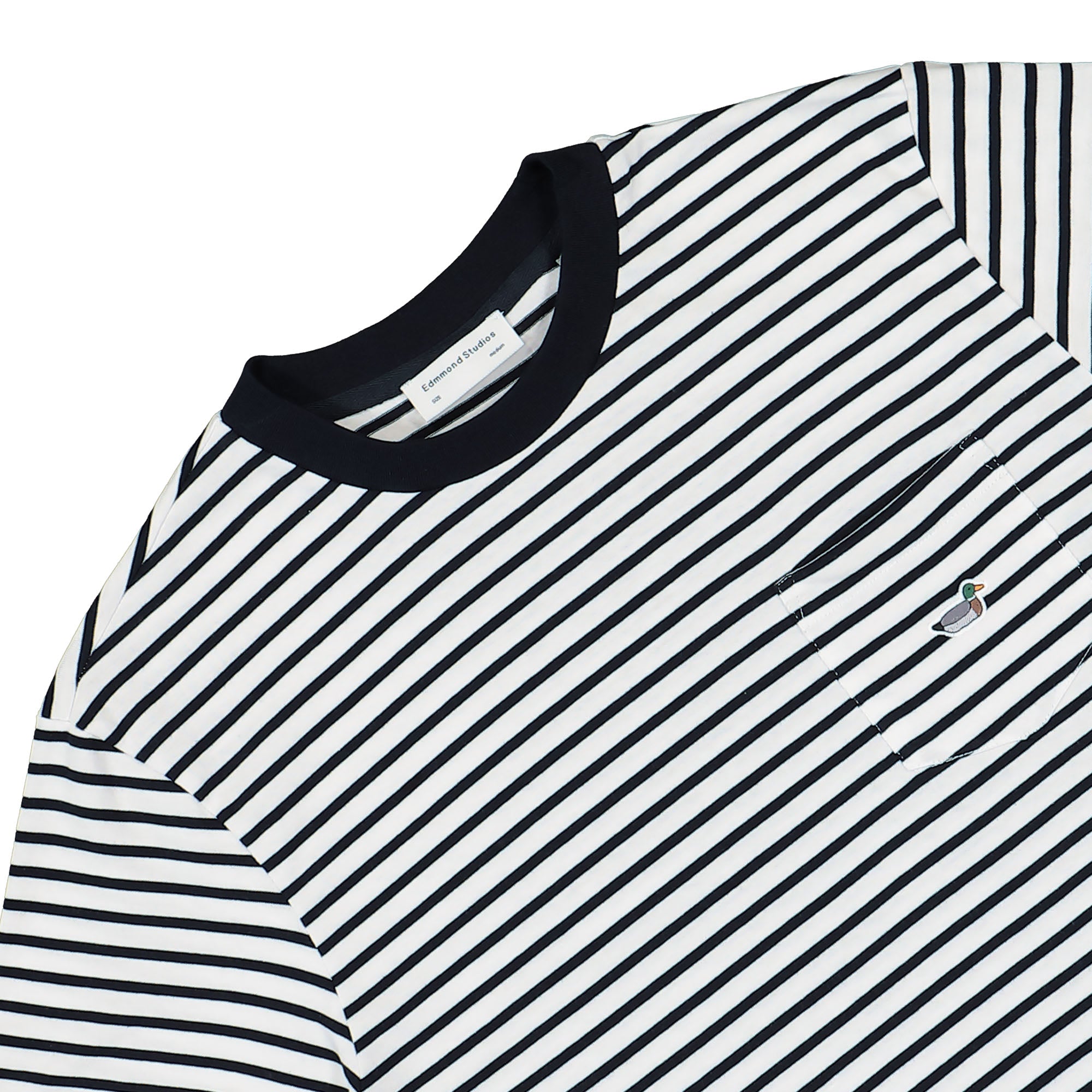 Edmmond Studios Duck Patch T-Shirt Plain Horizontal Stripes Navy T-Shirts Close-up | Overkill