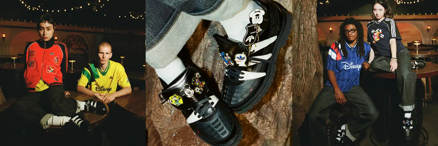 Two pictures show models in colorful Disney-themed jerseys sitting confidently in a dimly lit space, with a close-up of black shoes adorned with Disney character charms.