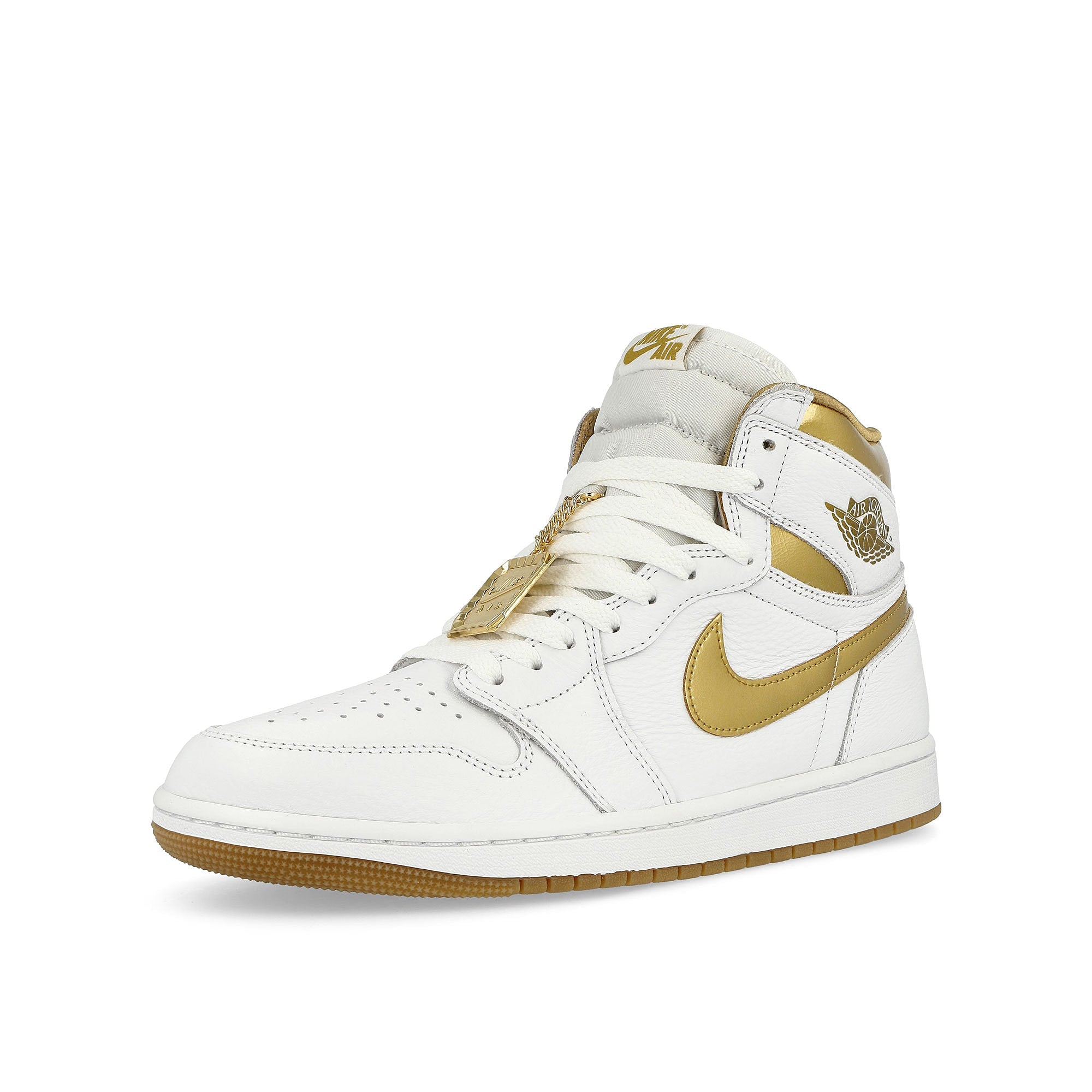 Jordan Wmns Air Jordan 1 Retro High OG White / Metallic Gold - Gum Light Brown High Top Sneakers  Close Up | Overkill