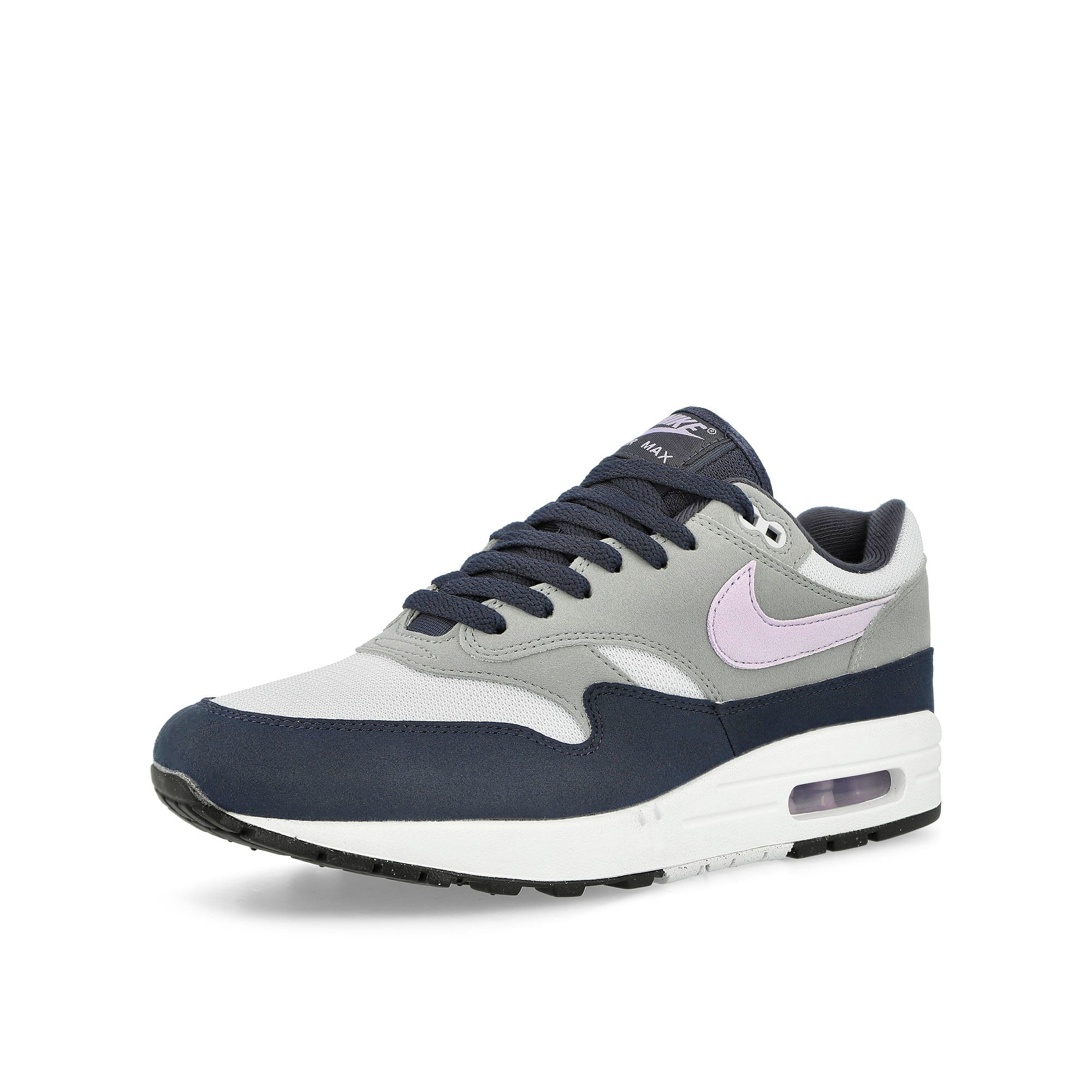Nike Air Max 1 Football Grey / Lilac Bloom - Thunder Blue Low Top Sneakers  Close Up | Overkill