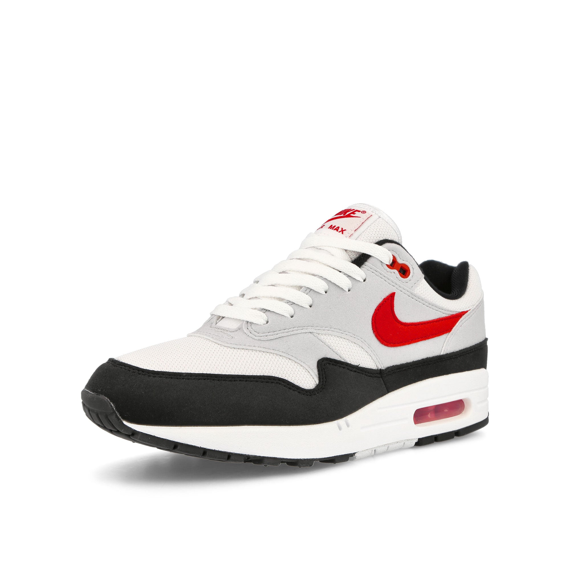 Nike Air Max 1 White / University Red - Pure Platinum - Black Low Top Sneakers  Close Up | Overkill