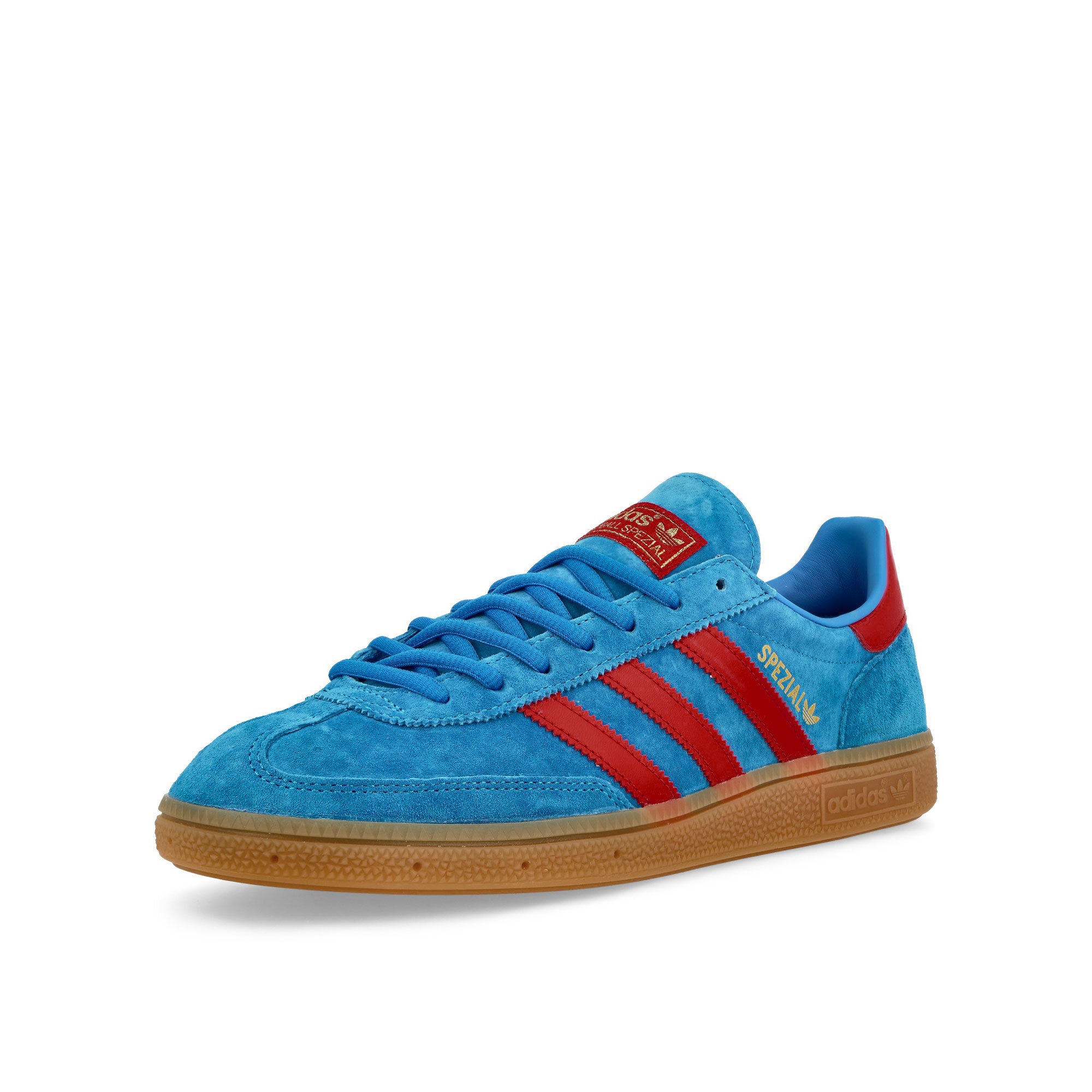 adidas Handball Spezial Bright Blue / Vivid Red / Gold Metallic Low Top Sneakers  Close Up | Overkill