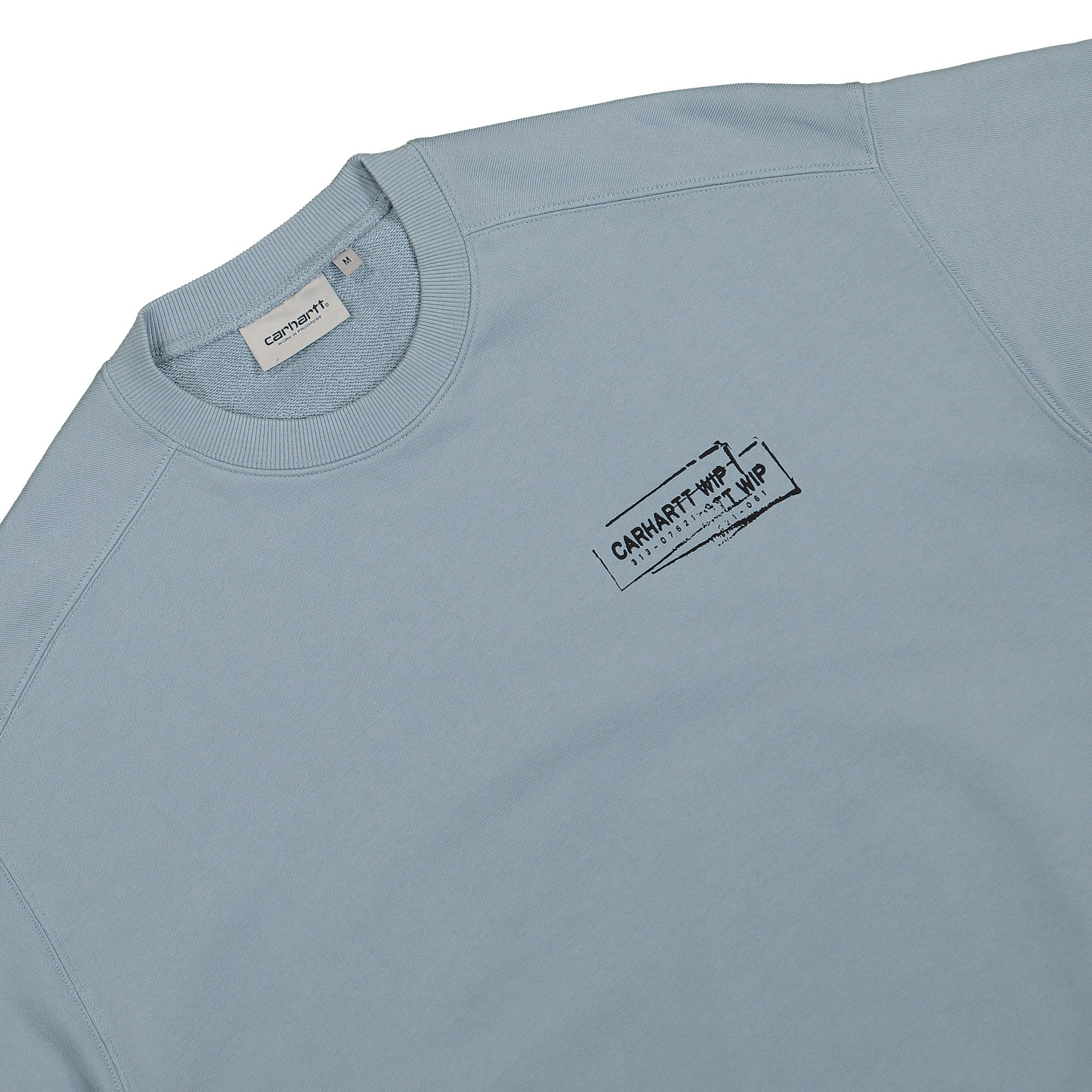 Carhartt WIP Stamp Sweat Misty Sky / Black Stone Washed Sweatshirts Close-up | Overkill