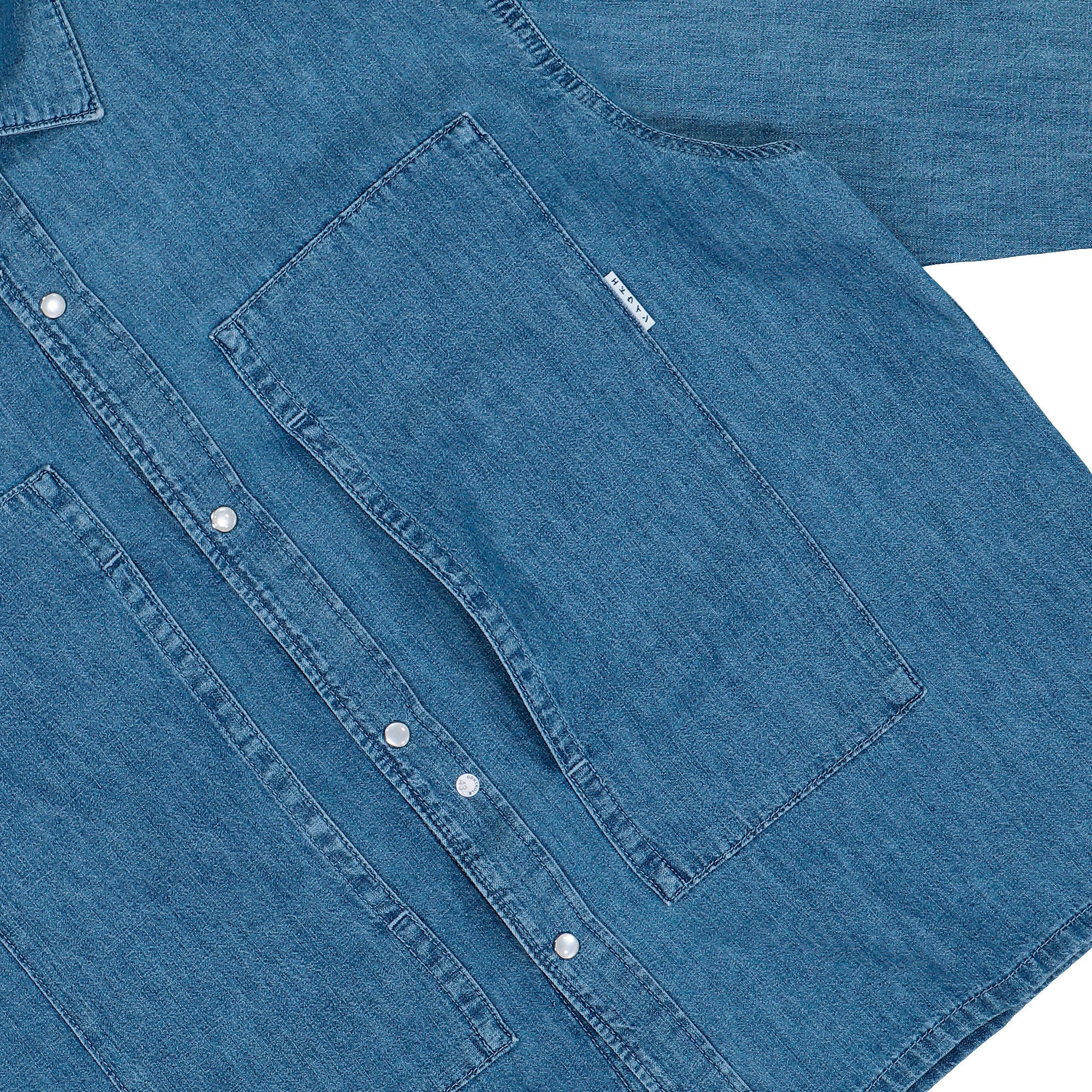 Edwin Workman LS Shirt Blue Light Stone Washed Denim Shirt I036464.01.47.03 Detail View 1 | Overkill
