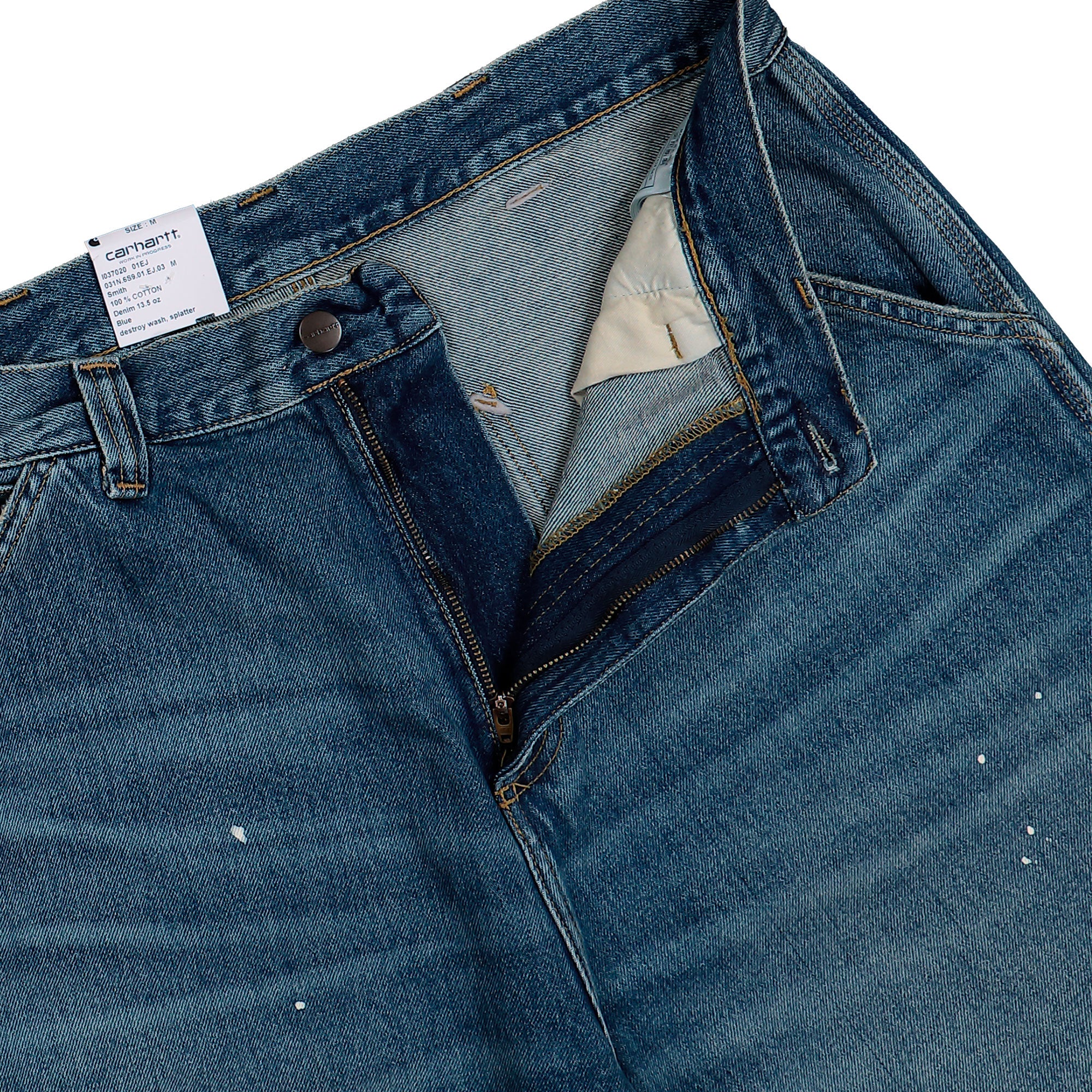 Carhartt WIP OG Single Knee Short Blue Destroy Wash / Splatter Short I037020.01.EJ.03 Detail View 1 | Overkill
