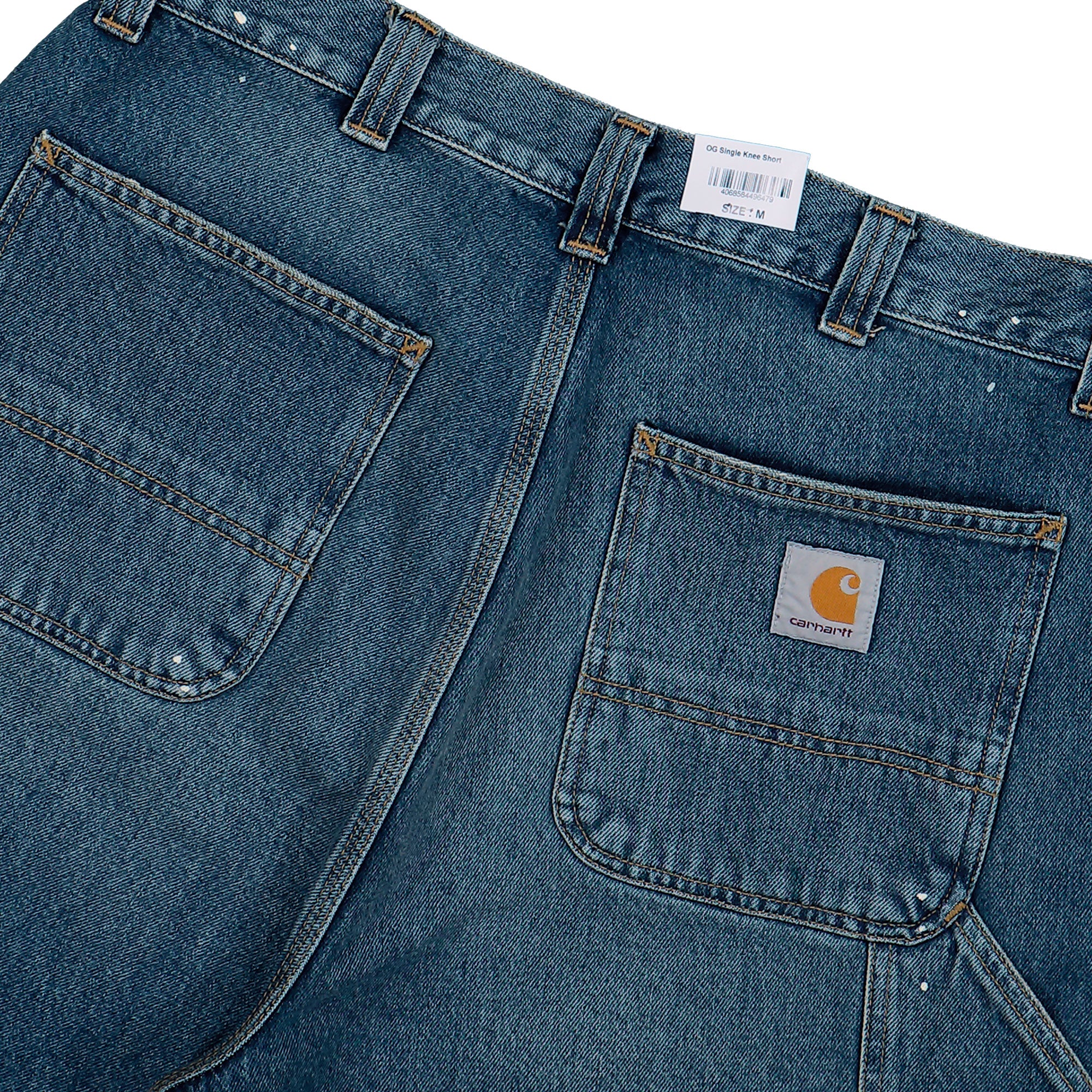 Carhartt WIP OG Single Knee Short Blue Destroy Wash / Splatter Short I037020.01.EJ.03 Detail View 2 | Overkill
