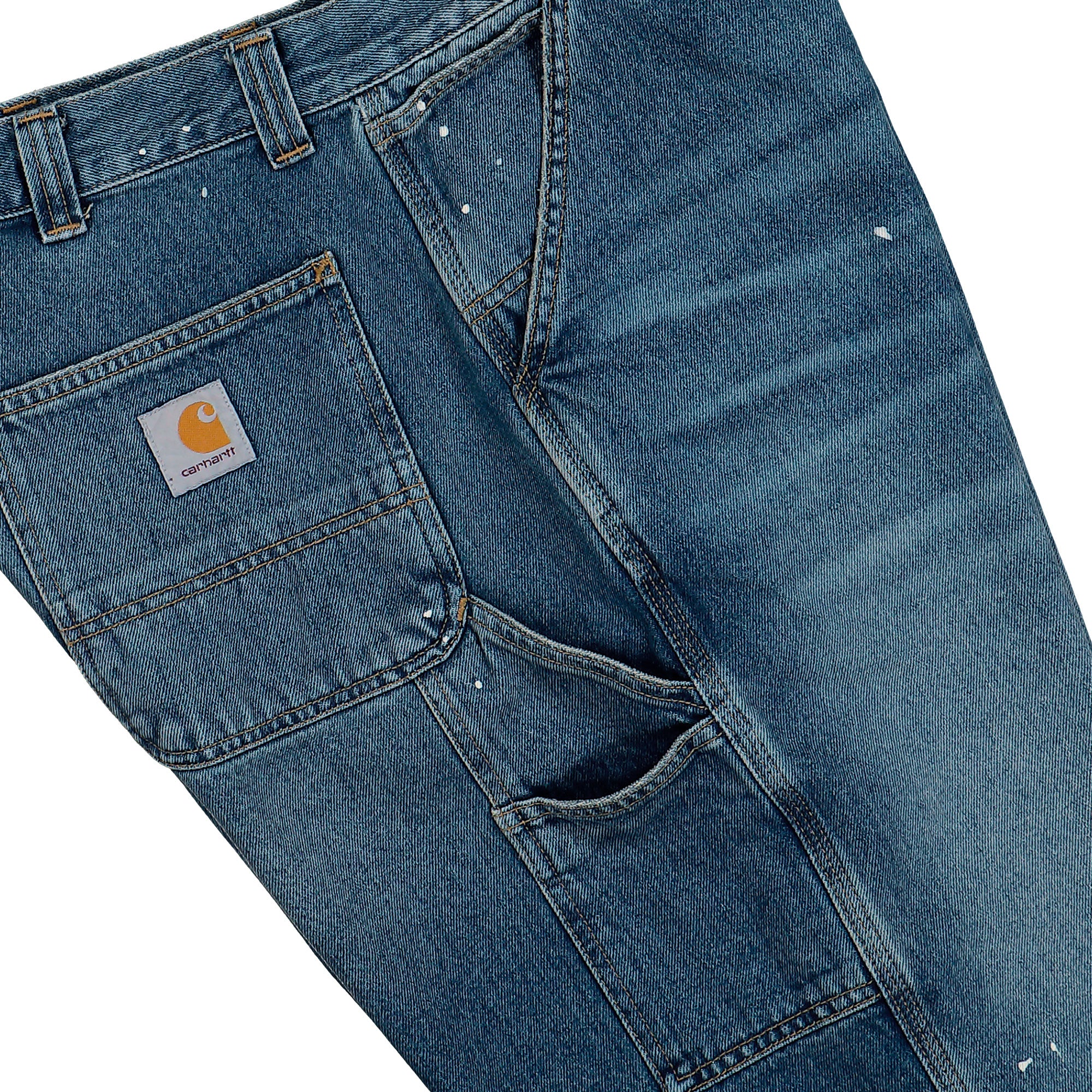 Carhartt WIP OG Single Knee Short Blue Destroy Wash / Splatter Short I037020.01.EJ.03 Detail View 3 | Overkill
