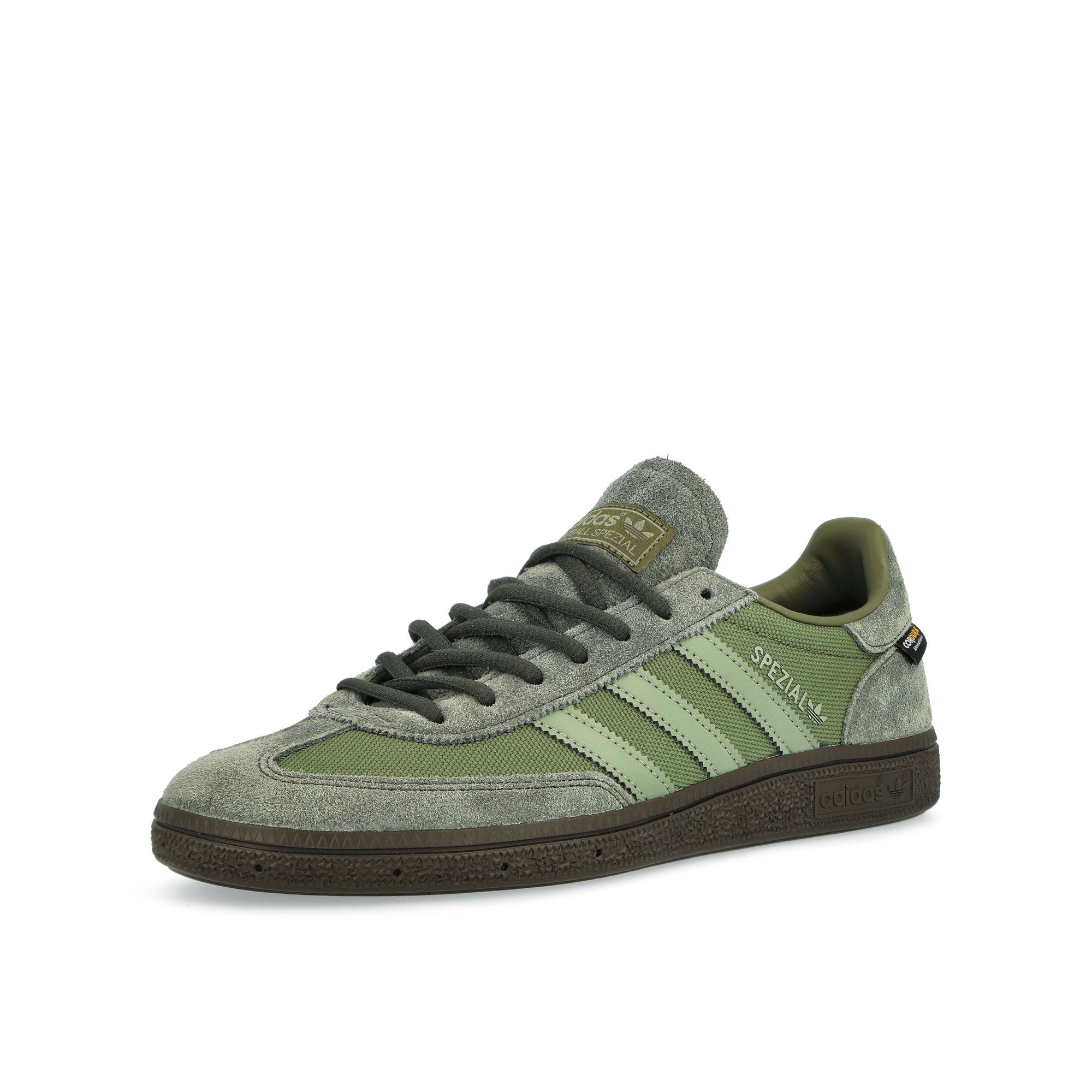 adidas Handball Spezial Focus Olive / Silver Pebble / Shadow Olive Low Top Sneakers  Close Up | Overkill