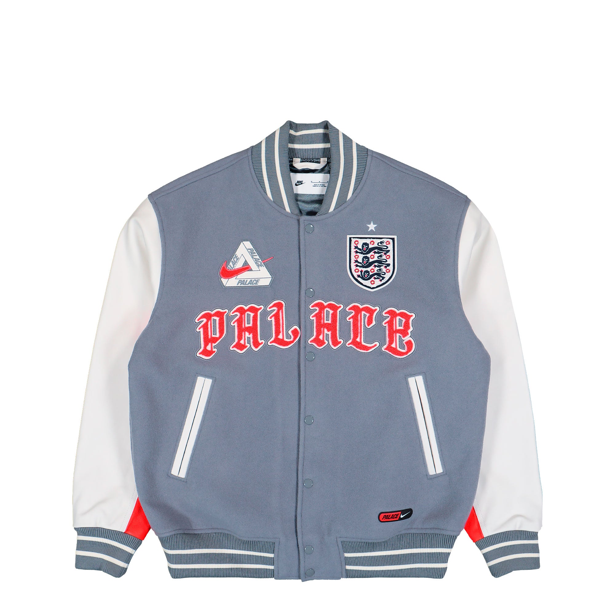 Palace x Nike FA England Varsity Jacket Cool Grey / White / Bright Crimson Bomber & Varsity Jackets IM6636 065 | Overkill
