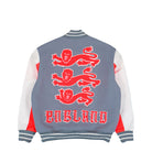Palace x Nike FA England Varsity Jacket Cool Grey / White / Bright Crimson Bomber & Varsity Jackets IM6636 065 Close-up | Overkill
