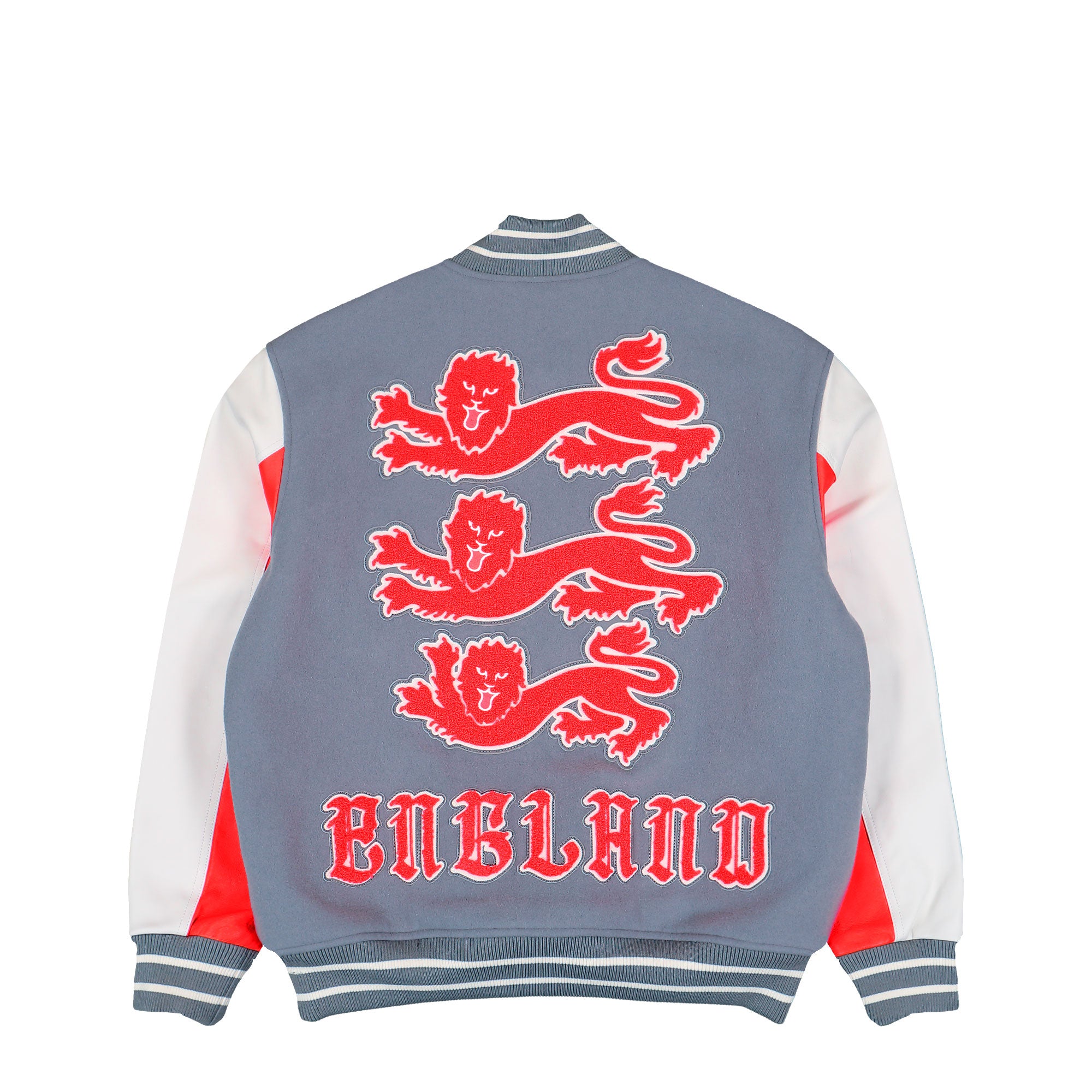 Palace x Nike FA England Varsity Jacket Cool Grey / White / Bright Crimson Bomber & Varsity Jackets IM6636 065 Close-up | Overkill
