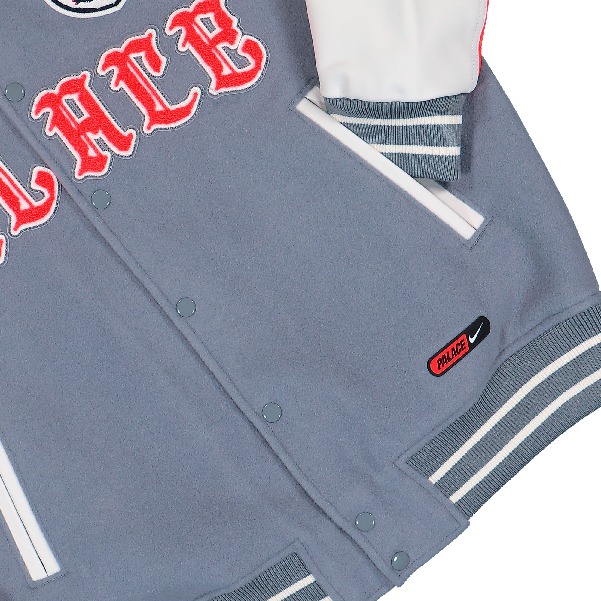 Palace x Nike FA England Varsity Jacket Cool Grey / White / Bright Crimson Bomber & Varsity Jackets IM6636 065 Detail View 1 | Overkill
