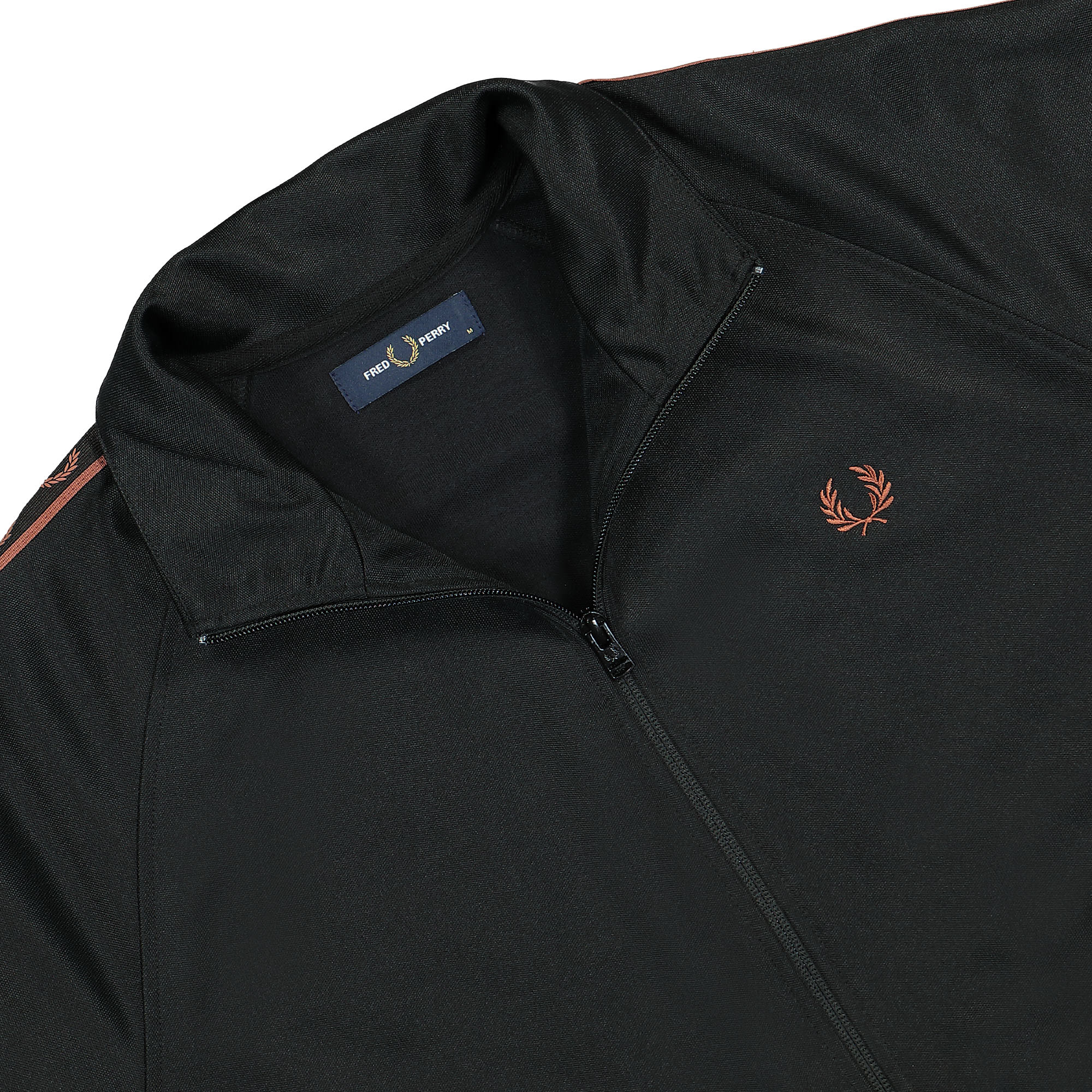 Fred Perry Contrast Tape Track Jacket Black / Whiskey Brown Track Jackets Close-up | Overkill