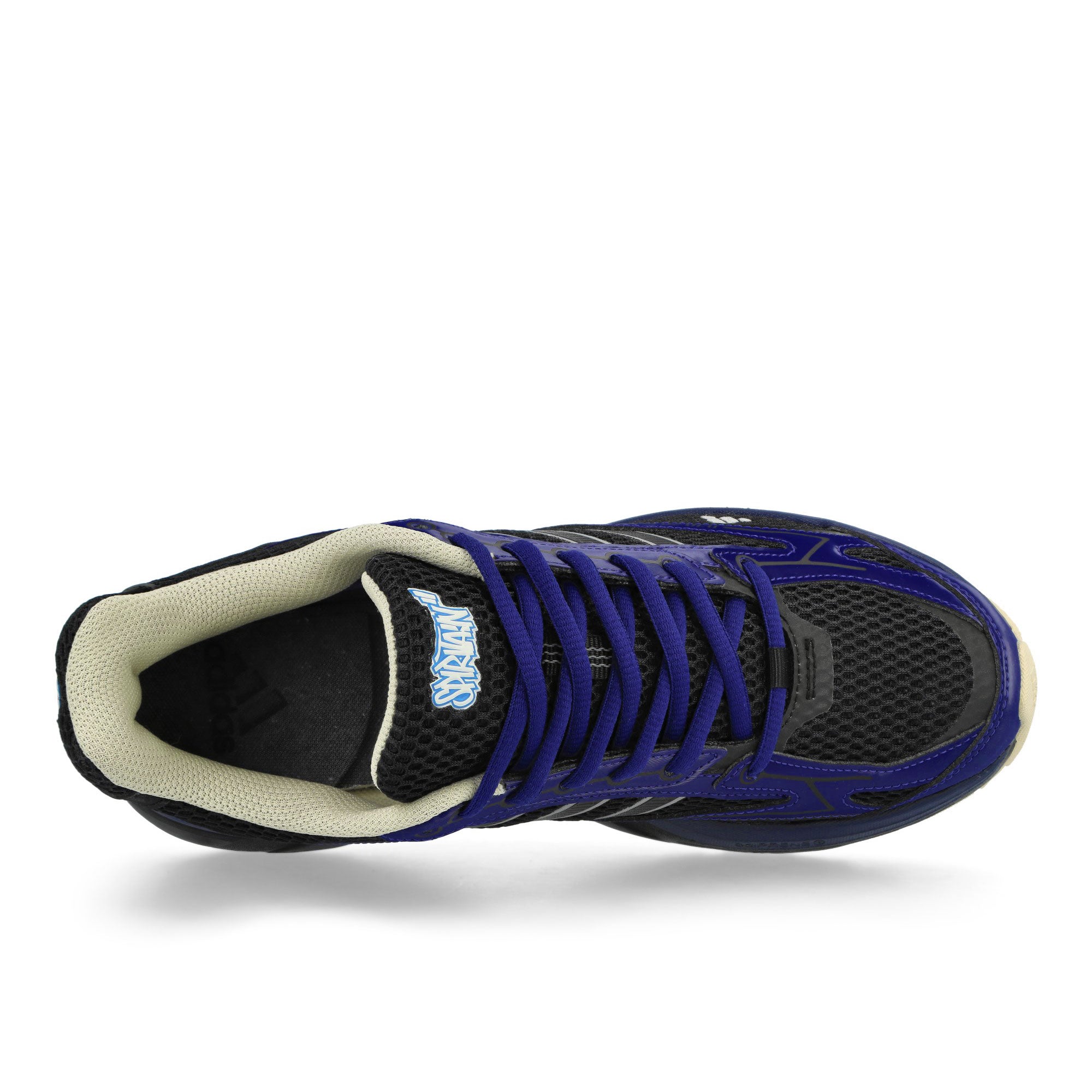 Overkill x adidas Spiritain 2000 Friends & Family Real Purple / Core Black / Signal Cyan Low Top Sneakers KJ9617 Detail View 2 | Overkill
