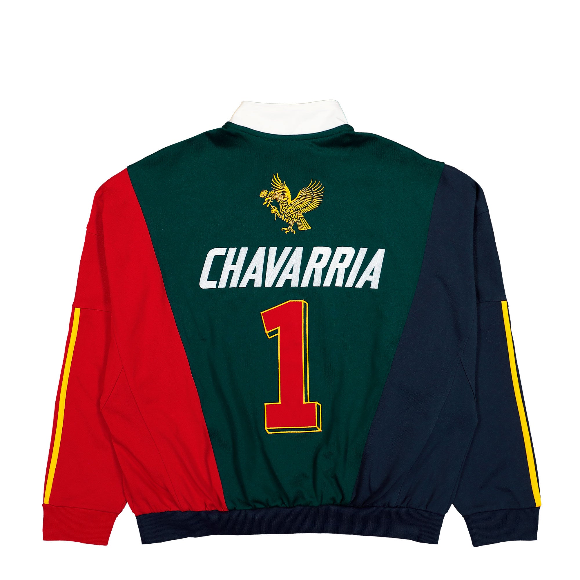 Willy Chavarria x adidas Watsonville Sweatshirt Aurora Ivy / Legend Ink / Better Scarlet Sweatshirt KV1996 Close-up | Overkill
