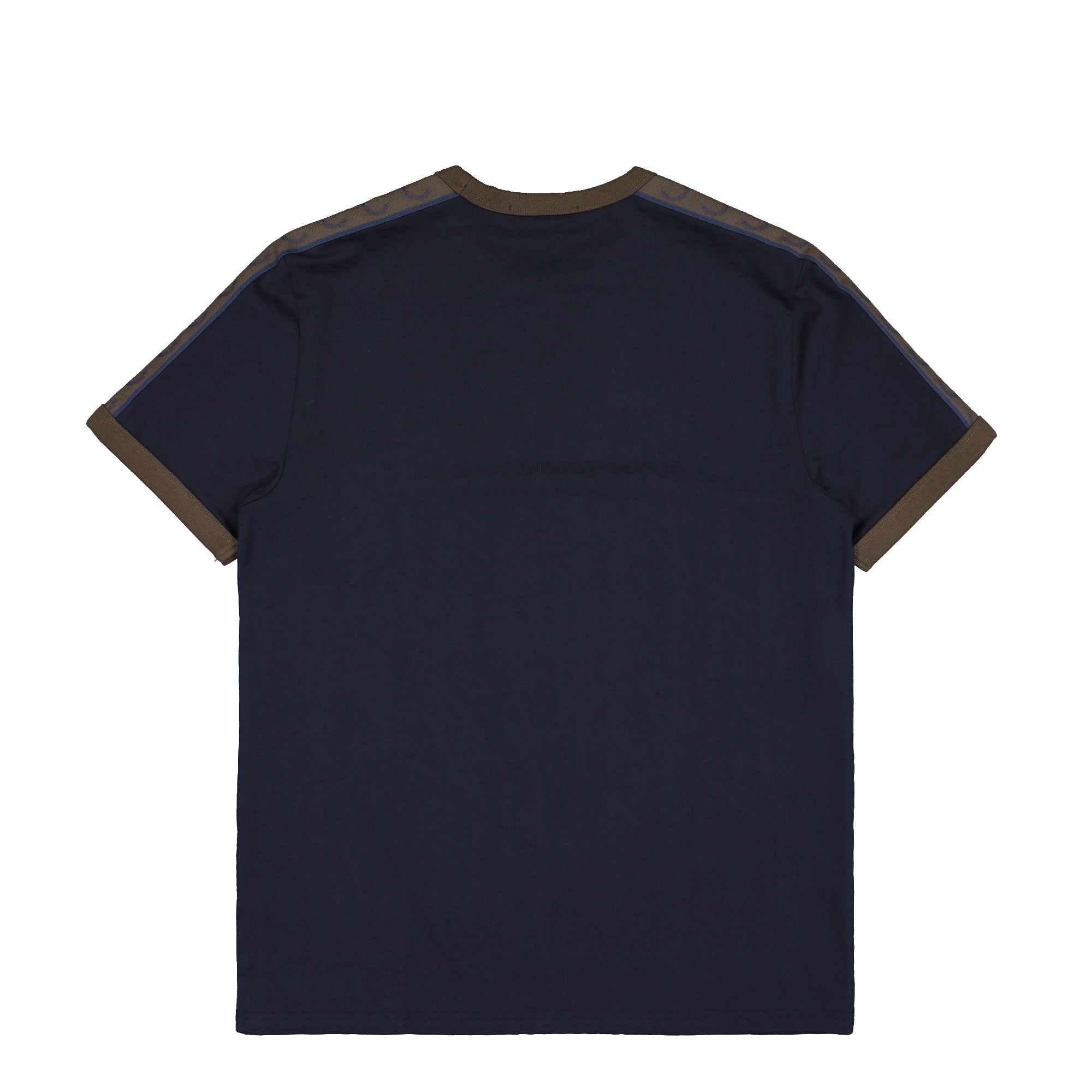 Fred Perry Contrast Tape Ringer T-Shirt Navy / Burnt Tobacco T-Shirt M4613-40A Close-up | Overkill
