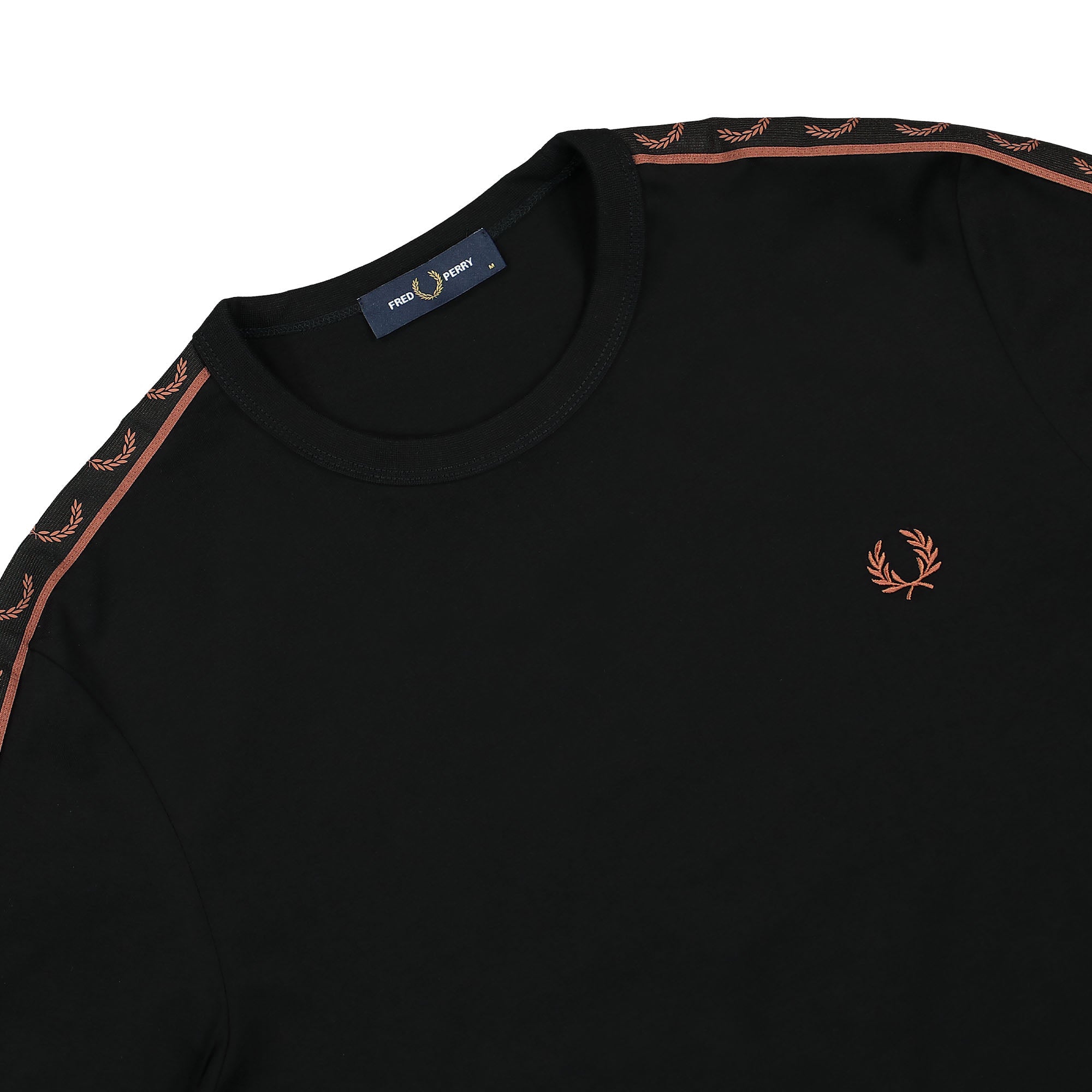 Fred Perry Contrast Tape Ringer T-Shirt Black / Whiskey Brown T-Shirts Close-up | Overkill