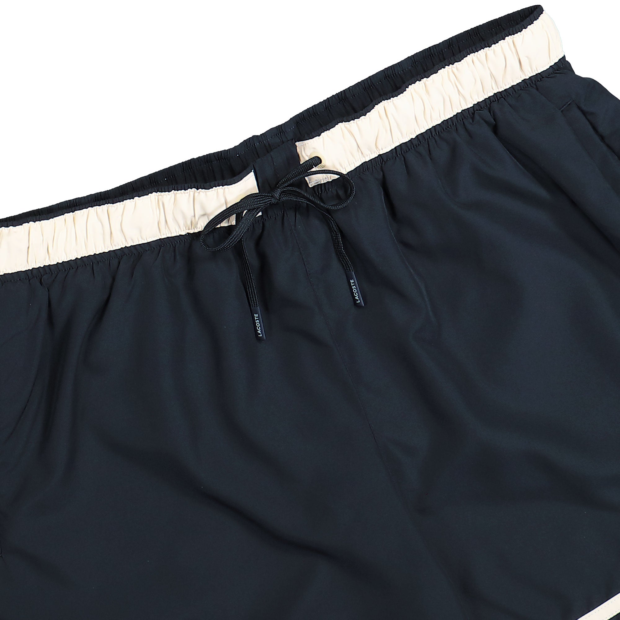 Lacoste Mid Length Swim Trunks With Contrasting Stripes Black / Beige Swimwear MH2760-00 412 Detail View 1 | Overkill
