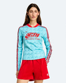 adidas Footie AOP Longsleeve Blue Glow Longsleeves JW0271 On Model Front View | Overkill
