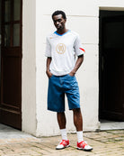 Nike T90 Dri-Fit Energy Jersey White / Italy Blue / Sport Red / Metallic Gold T-Shirts IB4210 100 On Model Front View | Overkill