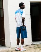 Nike T90 Dri-Fit Energy Jersey White / Italy Blue / Sport Red / Metallic Gold T-Shirts IB4210 100 On Model Back View | Overkill