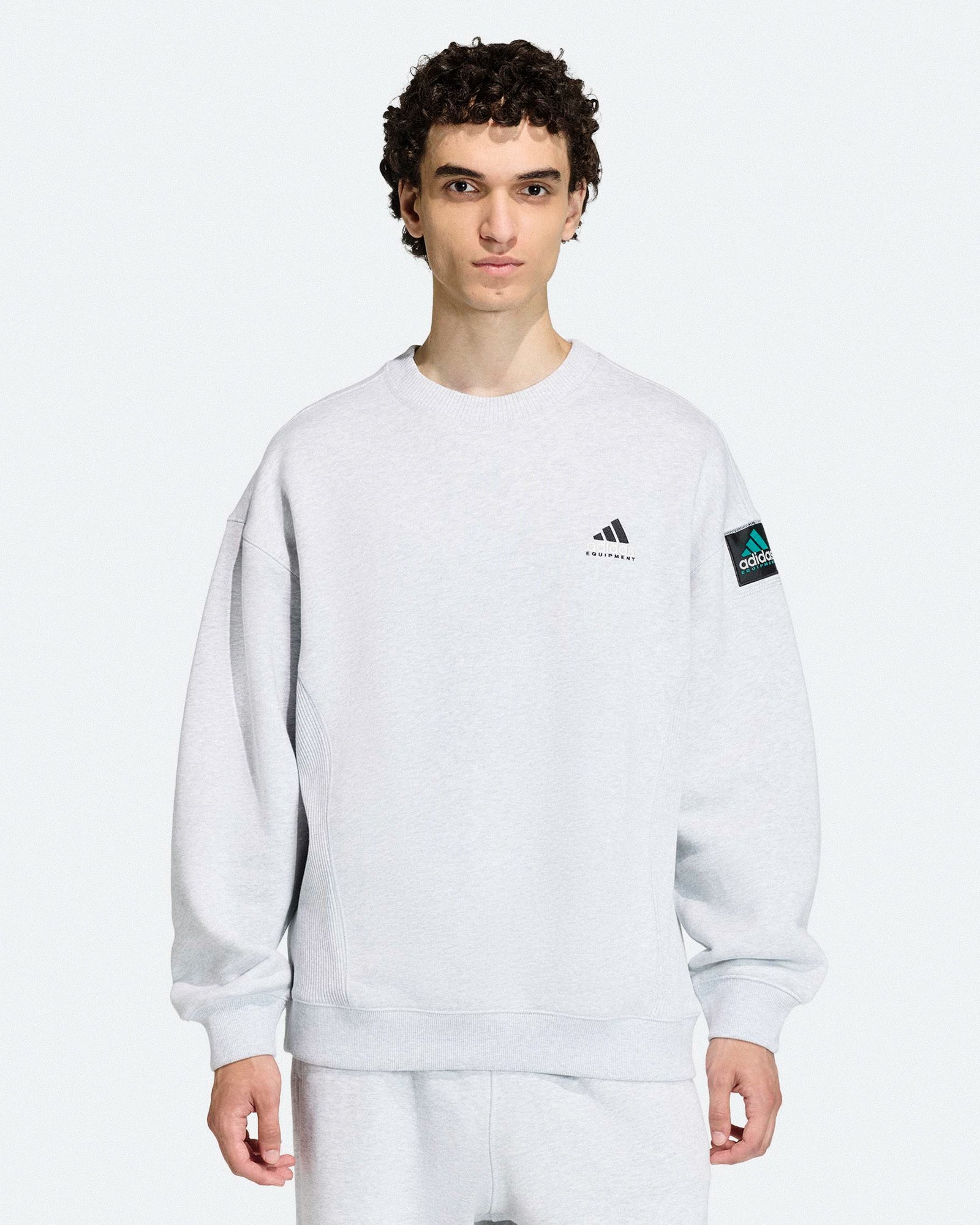 adidas Equipment Rip Crewneck Sweatshirt Light Grey Heather Sweatshirts KB9324 On Model Front View | Overkill
