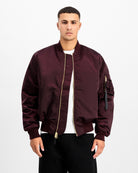 Alpha Industries MA-1 Base Flight Jacket Dark Cherry Bomber & Varsity Jacket 756111-608 On Model Front View | Overkill