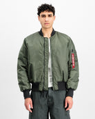 Alpha Industries MA-1 Distressed Bomber Jacket Vintage Green Bomber & Varsity Jacket 258128-432 On Model Front View | Overkill