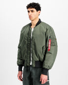 Alpha Industries MA-1 Distressed Bomber Jacket Vintage Green Bomber & Varsity Jacket 258128-432 On Model Back View | Overkill