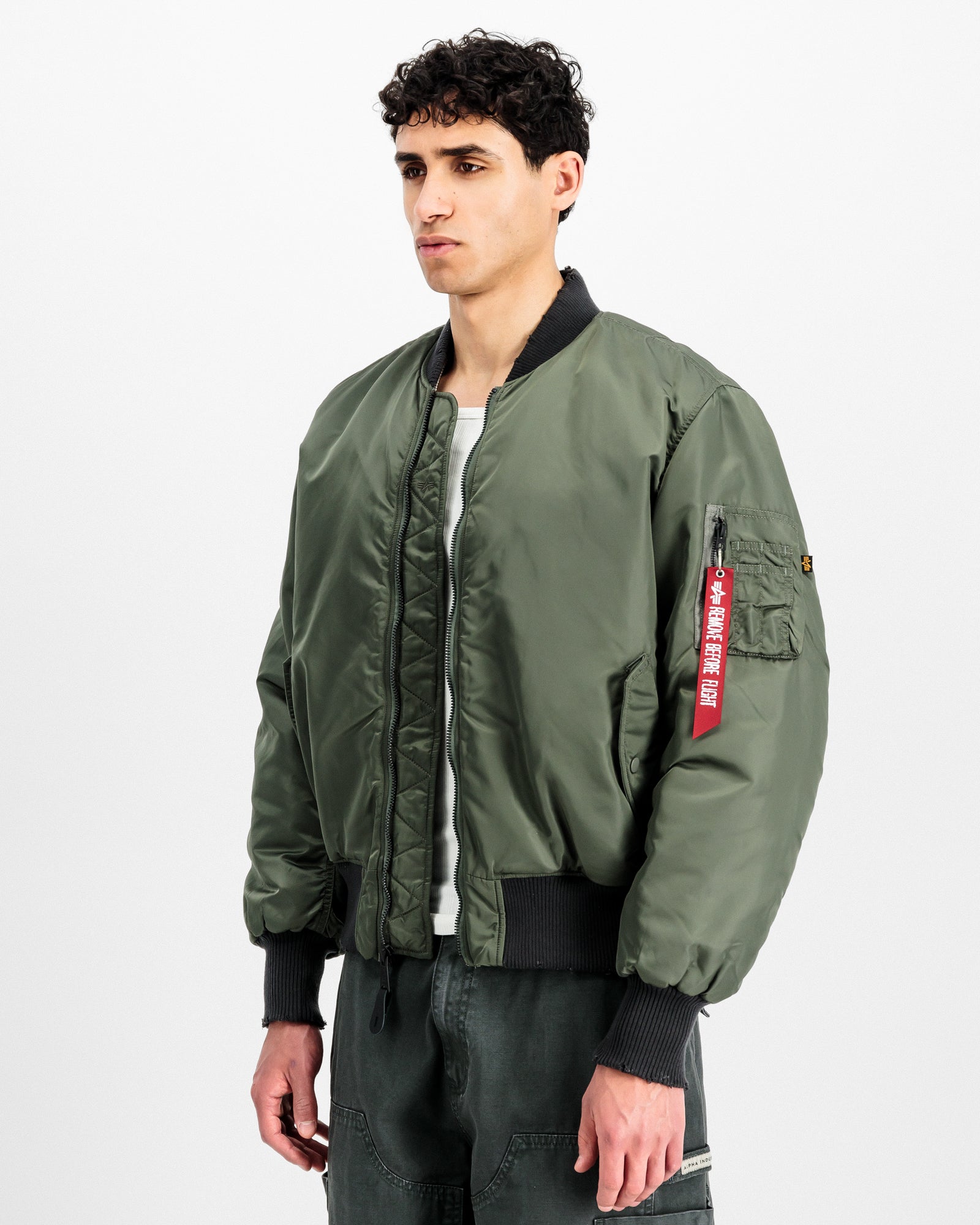 Alpha Industries MA-1 Distressed Bomber Jacket Vintage Green Bomber & Varsity Jacket 258128-432 On Model Back View | Overkill