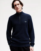 Fred Perry Waffle Stitch Half Zip Jumper Dark Airforce Sweatshirts K8557-738 On Model Front View | Overkill