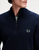 Fred Perry Waffle Stitch Half Zip Jumper Dark Airforce Sweatshirts K8557-738 On Model Back View | Overkill