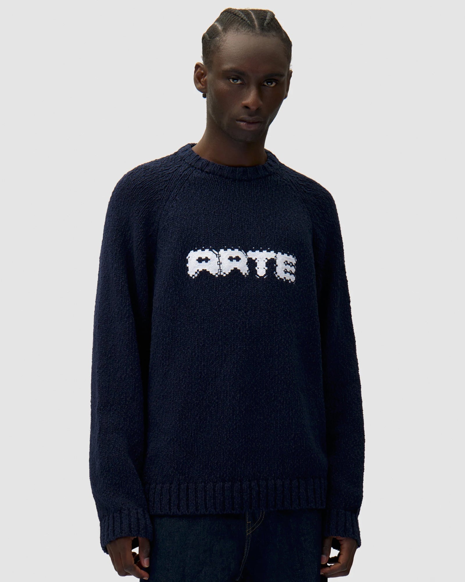 Arte Antwerp Pixel Front Knit Navy Sweatshirts AW25-226K On Model Front View | Overkill