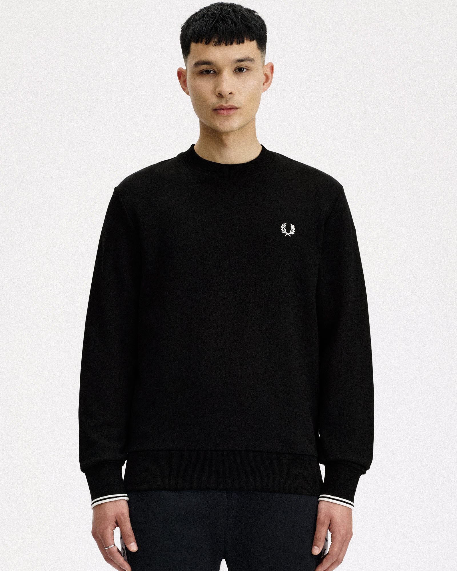 Fred Perry Crew Neck Sweatshirt Black / Shadedston Sweatshirts M7535-S77 On Model Front View | Overkill
